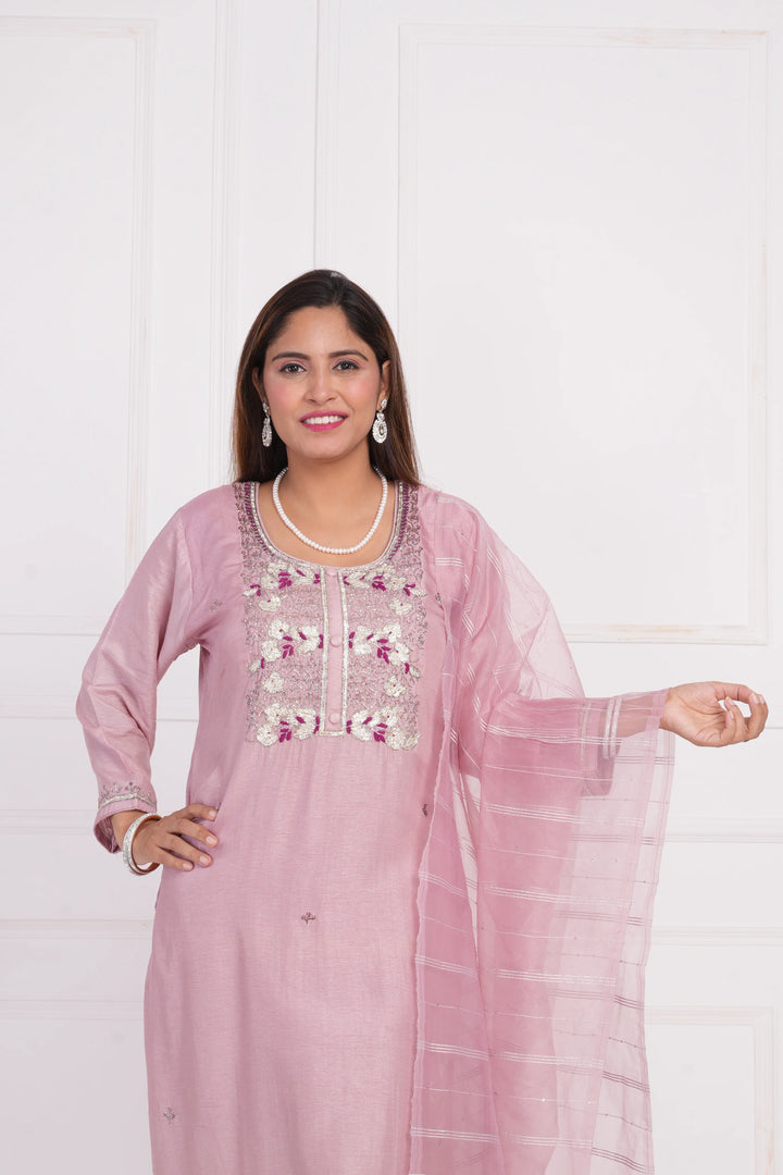 Ethnic motif zari sequinned embroidered silk kurta pant and dupatta