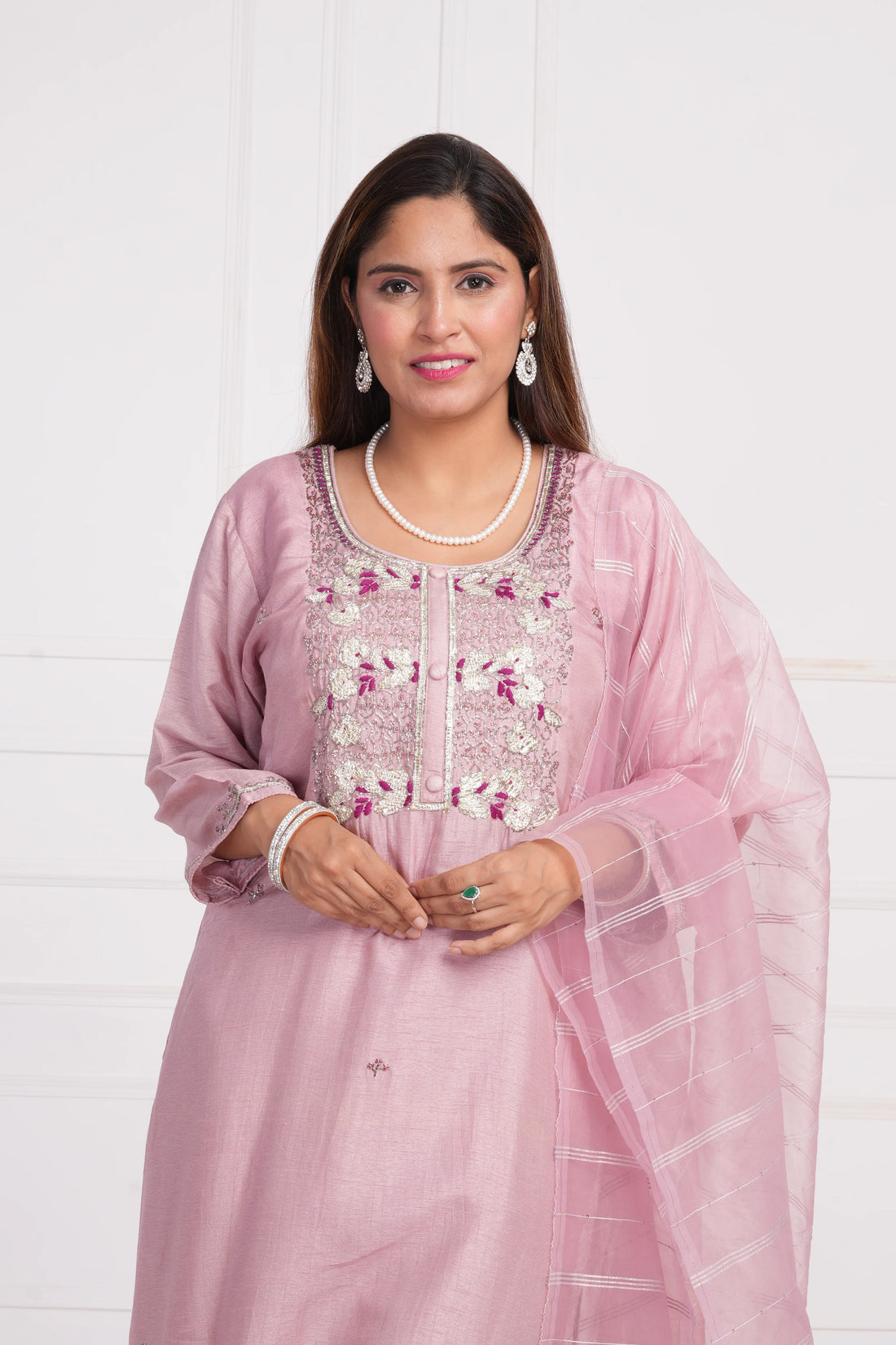 Ethnic motif zari sequinned embroidered silk kurta pant and dupatta