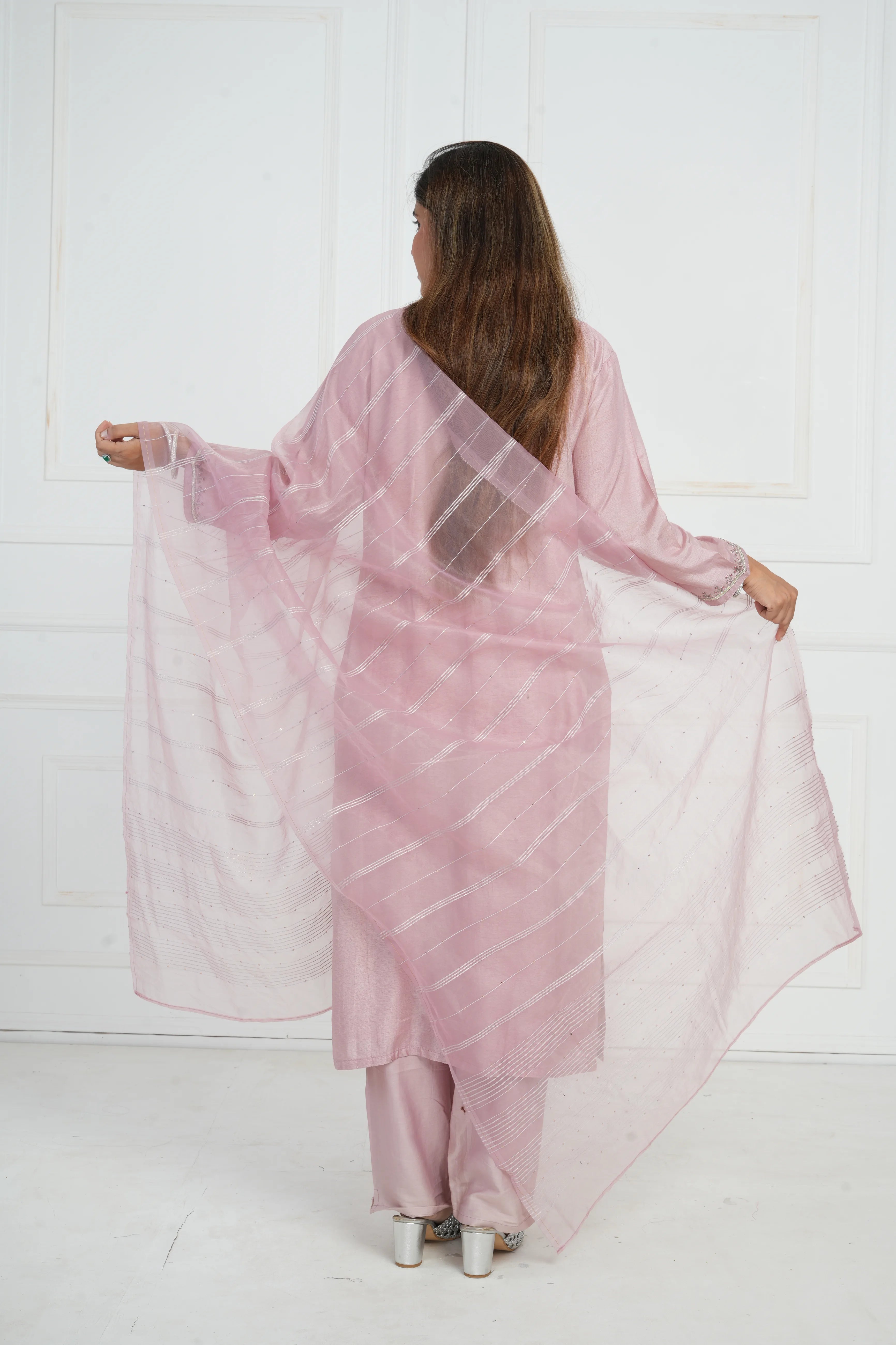 Ethnic motif zari sequinned embroidered silk kurta pant and dupatta