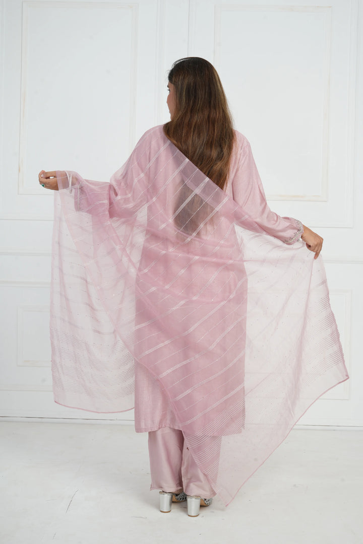 Ethnic motif zari sequinned embroidered silk kurta pant and dupatta