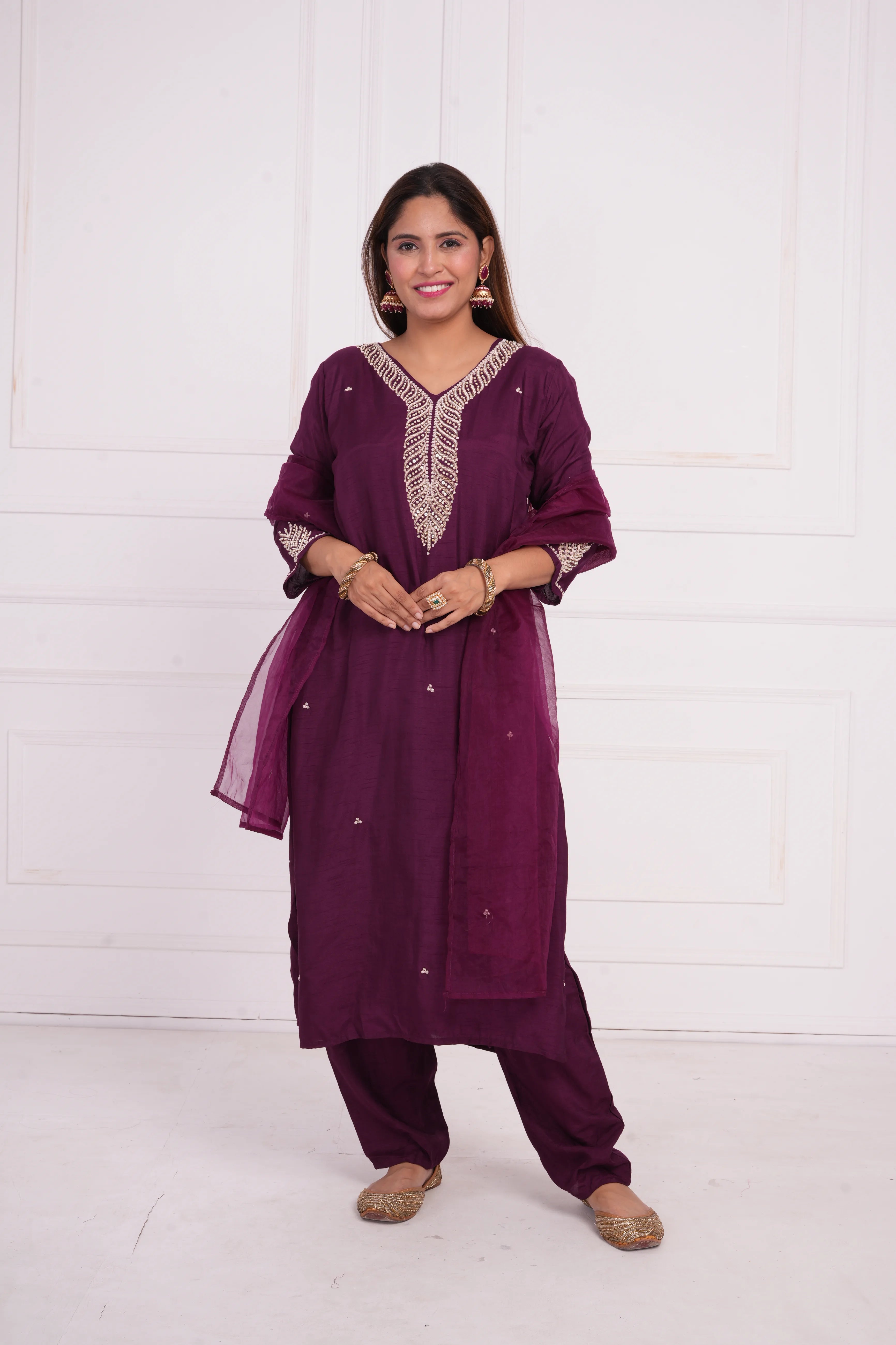 Ethnic motif zari sequinned embroidered silk kurta pant and dupatta