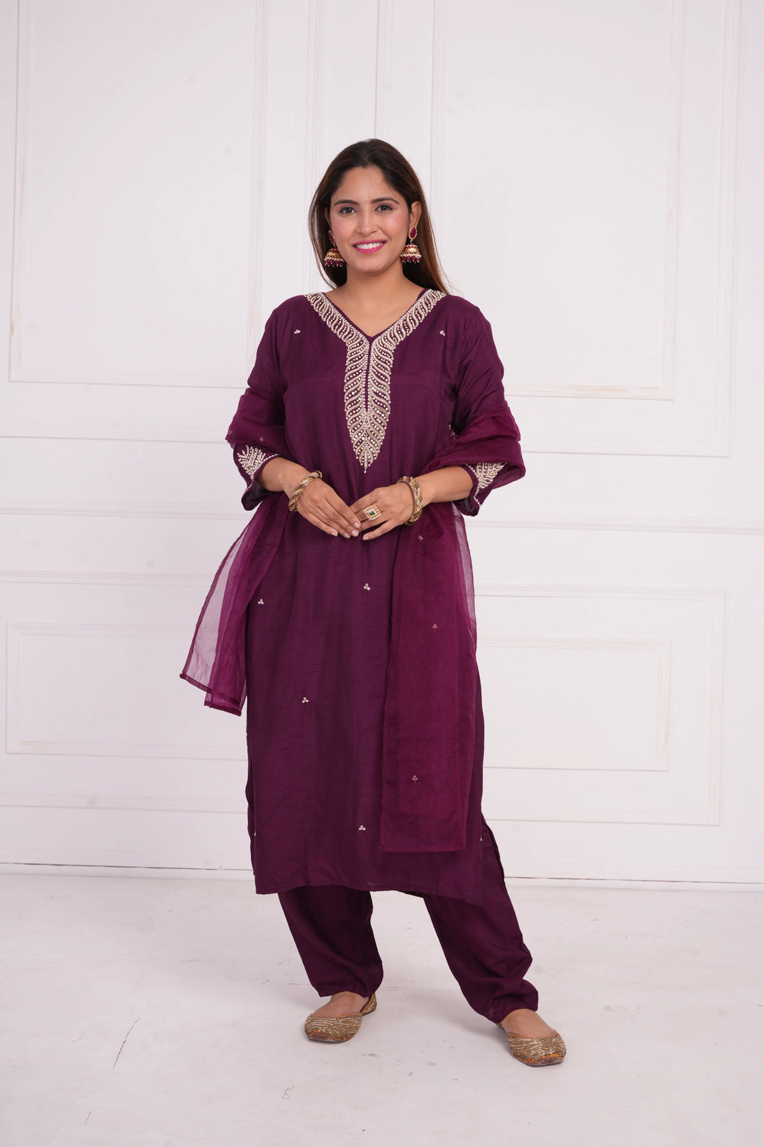 Ethnic motif zari sequinned embroidered silk kurta pant and dupatta