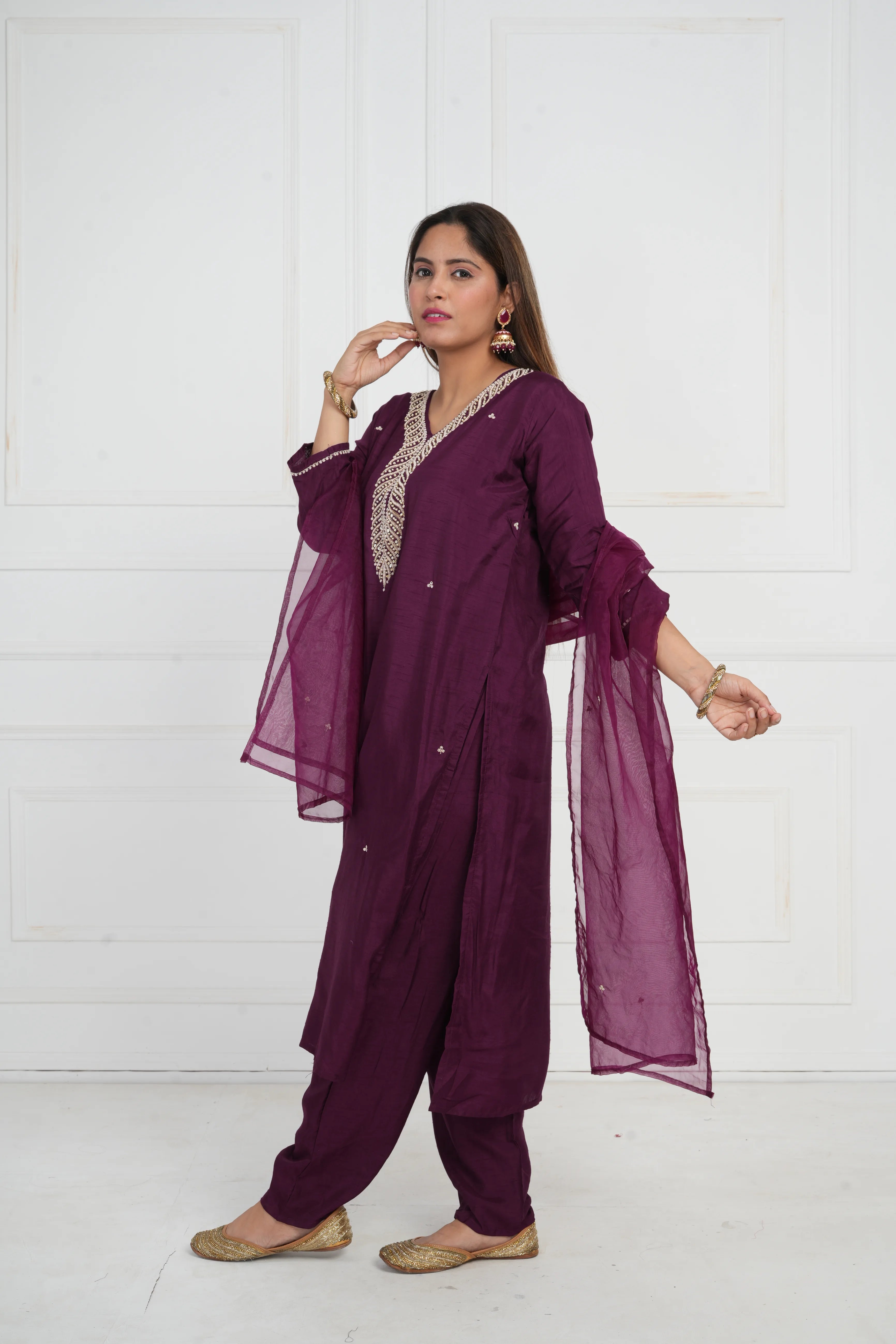 Ethnic motif zari sequinned embroidered silk kurta pant and dupatta