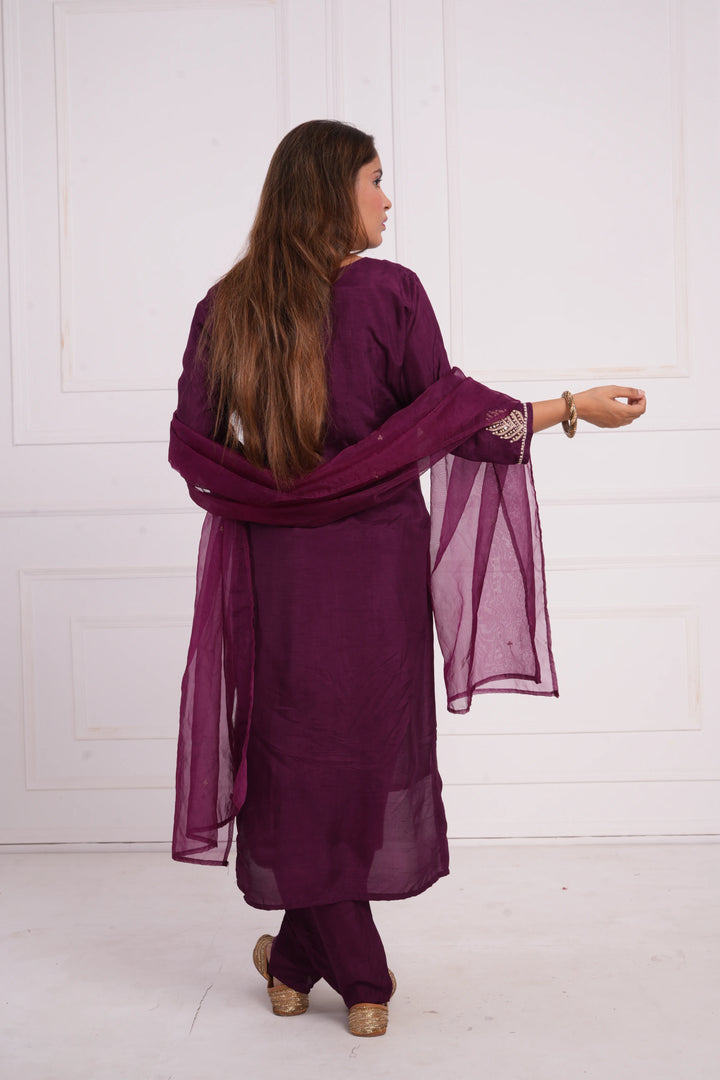 Ethnic motif zari sequinned embroidered silk kurta pant and dupatta