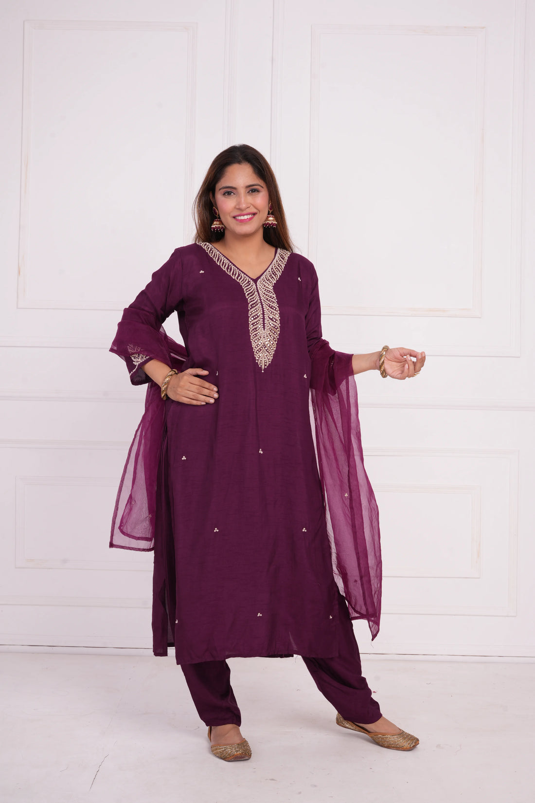 Ethnic motif zari sequinned embroidered silk kurta pant and dupatta