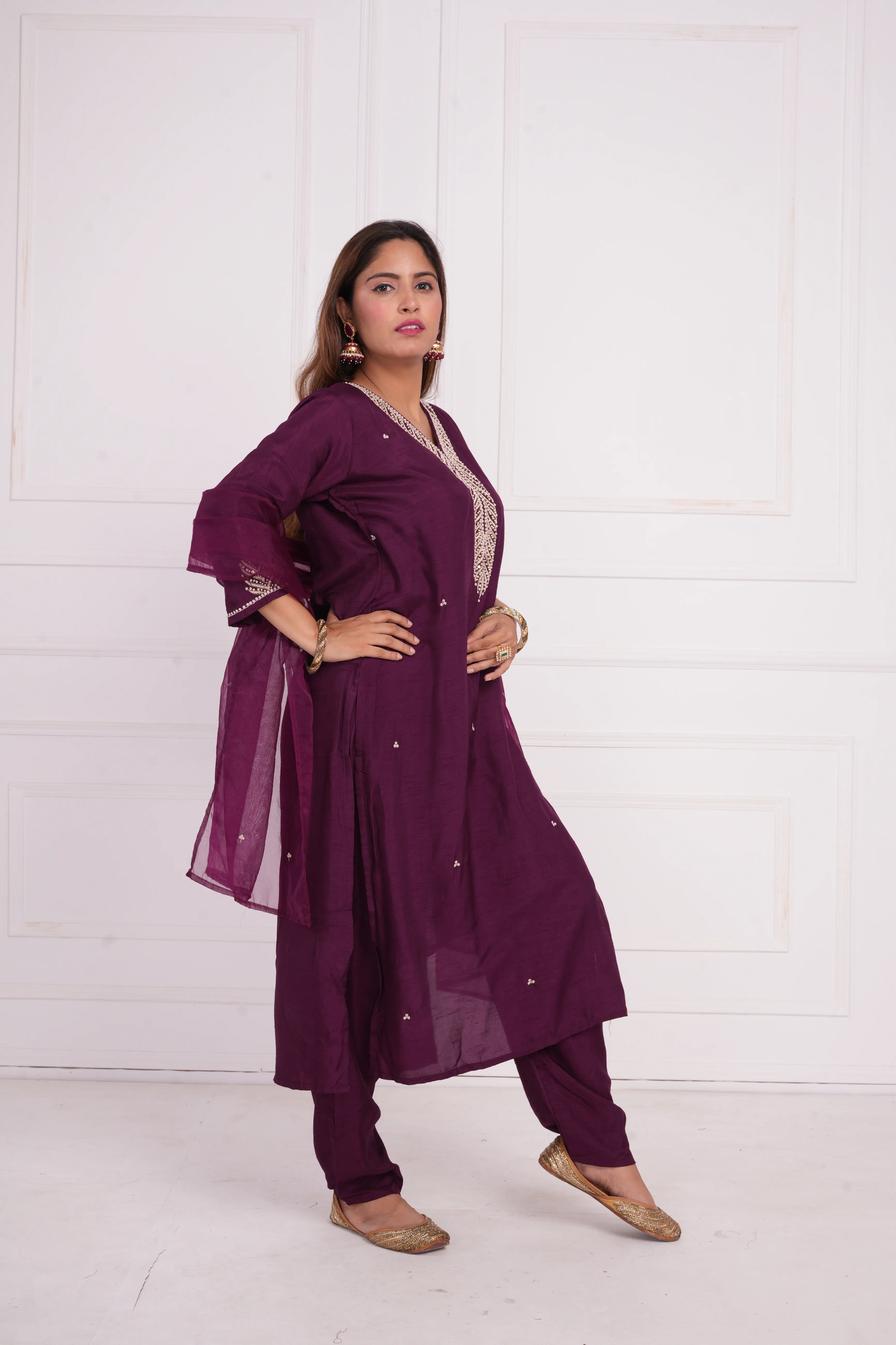 Ethnic motif zari sequinned embroidered silk kurta pant and dupatta