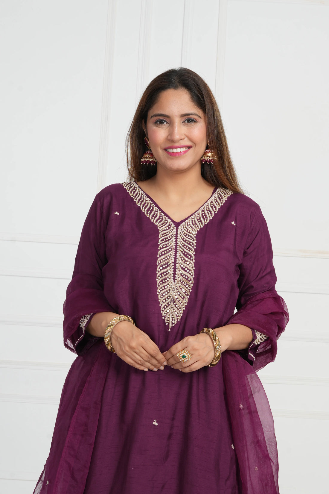 Ethnic motif zari sequinned embroidered silk kurta pant and dupatta
