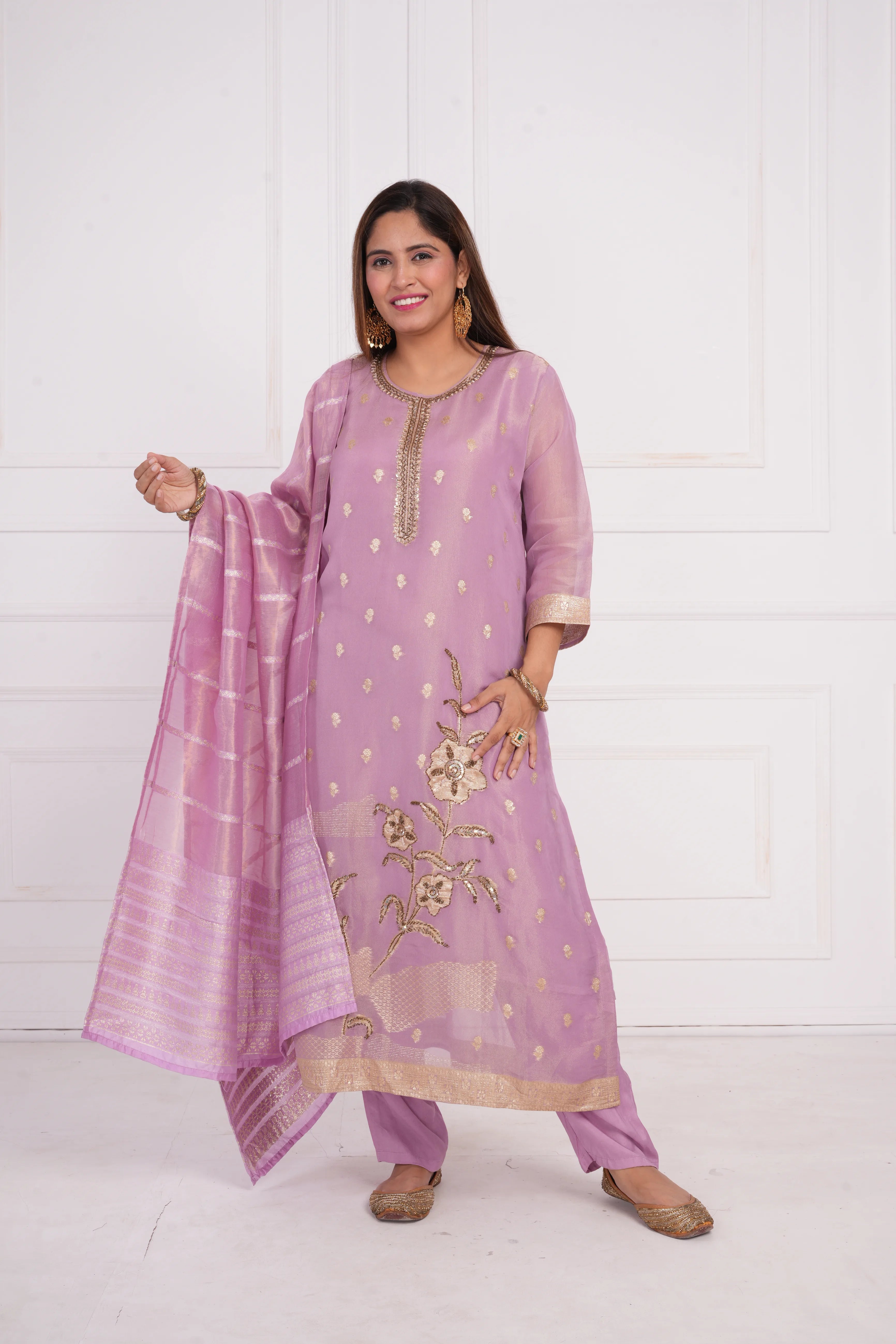 Ethnic motif zari sequinned embroidered silk kurta pant and dupatta