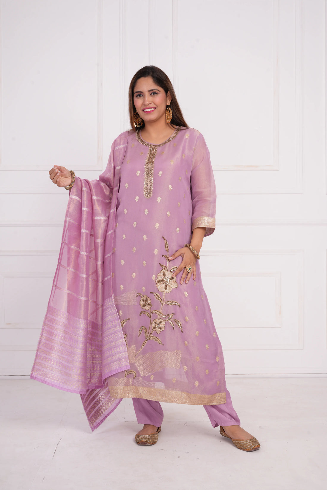 Ethnic motif zari sequinned embroidered silk kurta pant and dupatta