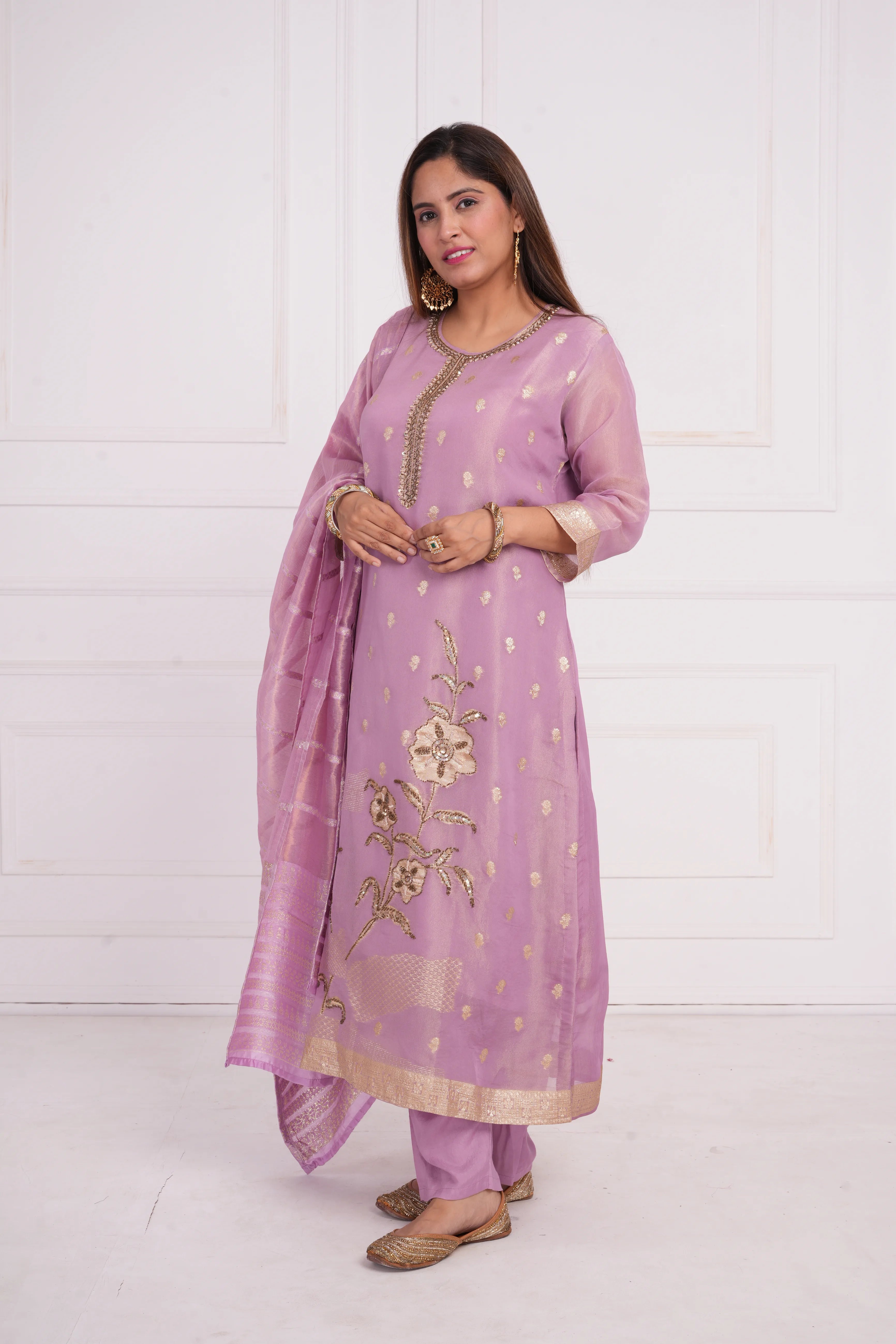 Ethnic motif zari sequinned embroidered silk kurta pant and dupatta