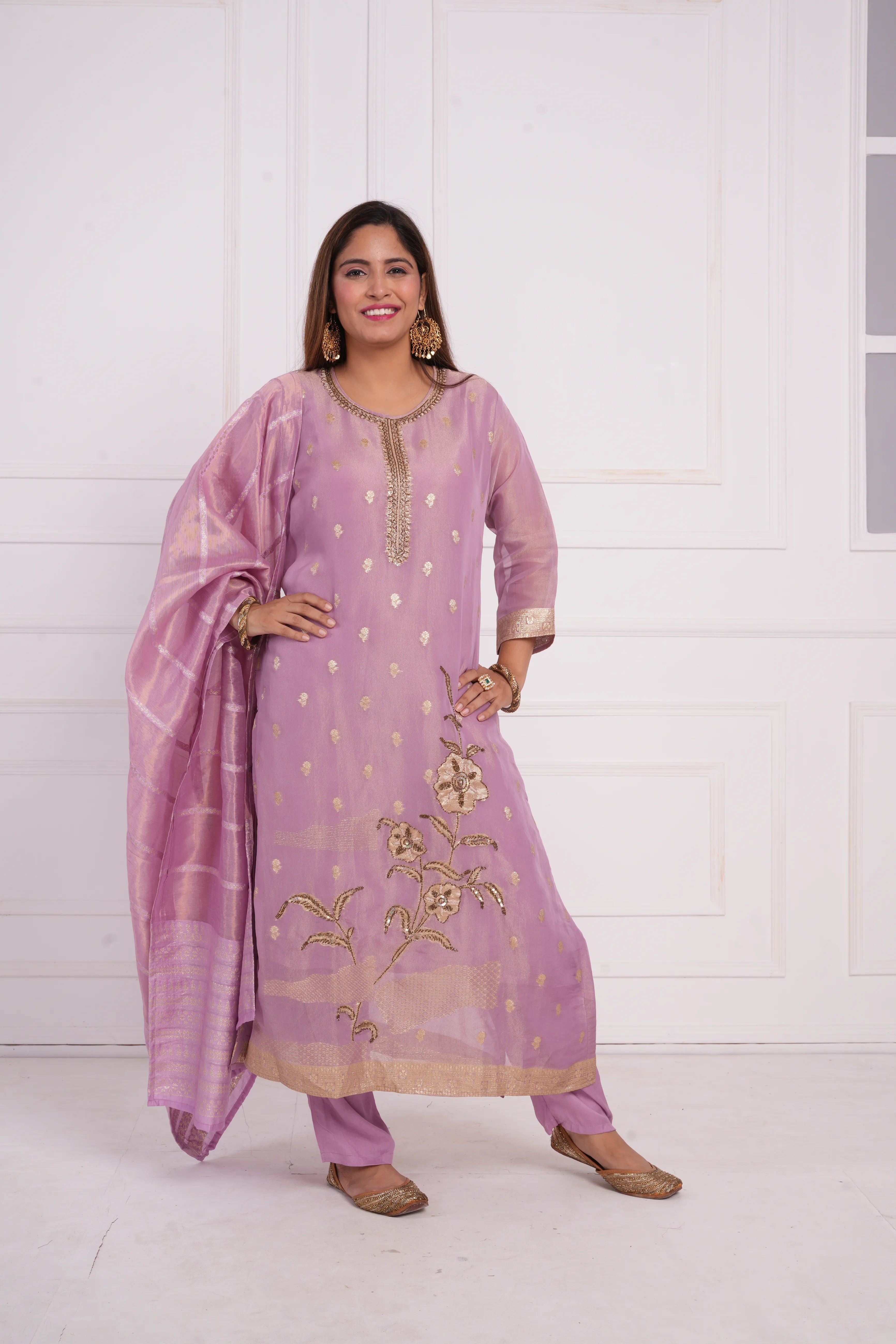 Ethnic motif zari sequinned embroidered silk kurta pant and dupatta