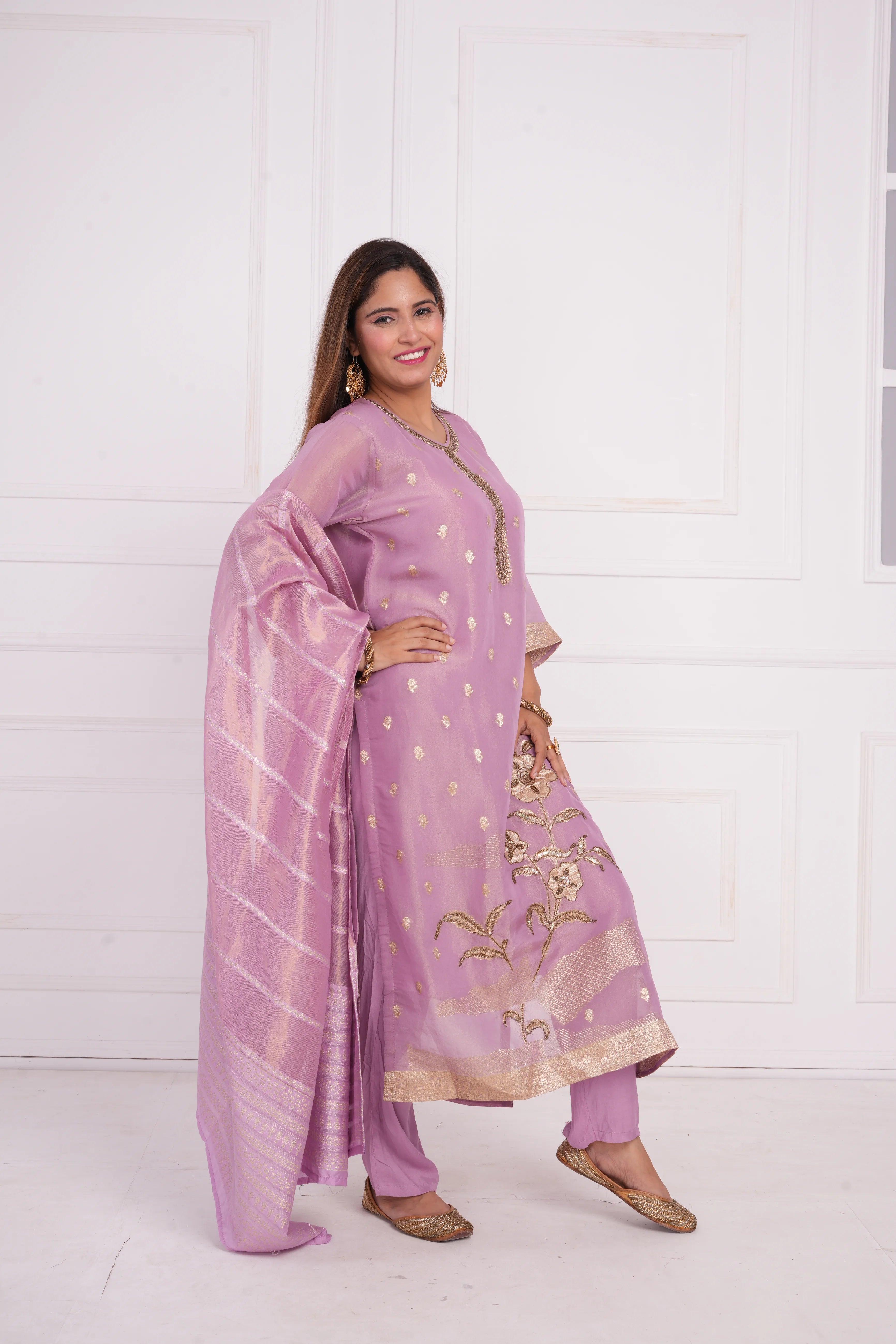 Ethnic motif zari sequinned embroidered silk kurta pant and dupatta