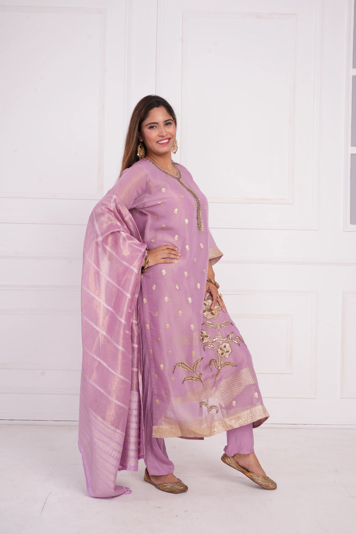 Ethnic motif zari sequinned embroidered silk kurta pant and dupatta