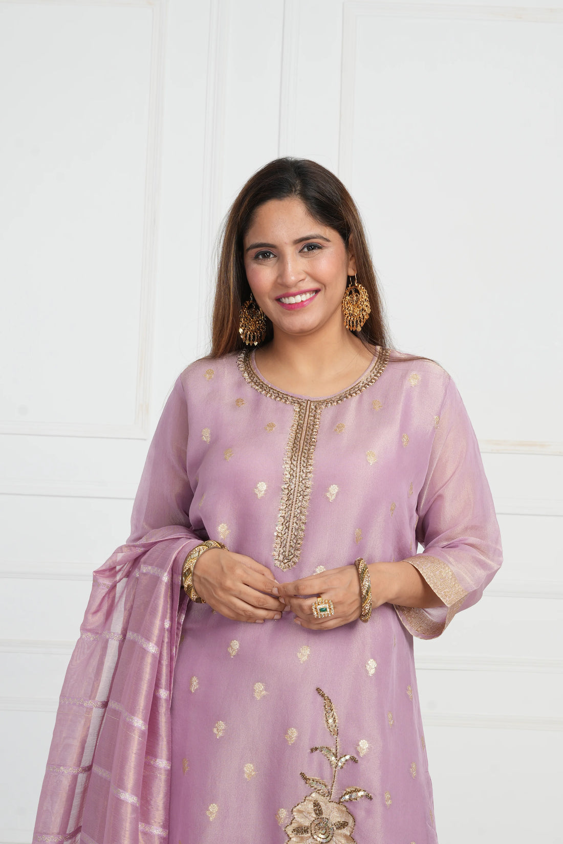 Ethnic motif zari sequinned embroidered silk kurta pant and dupatta