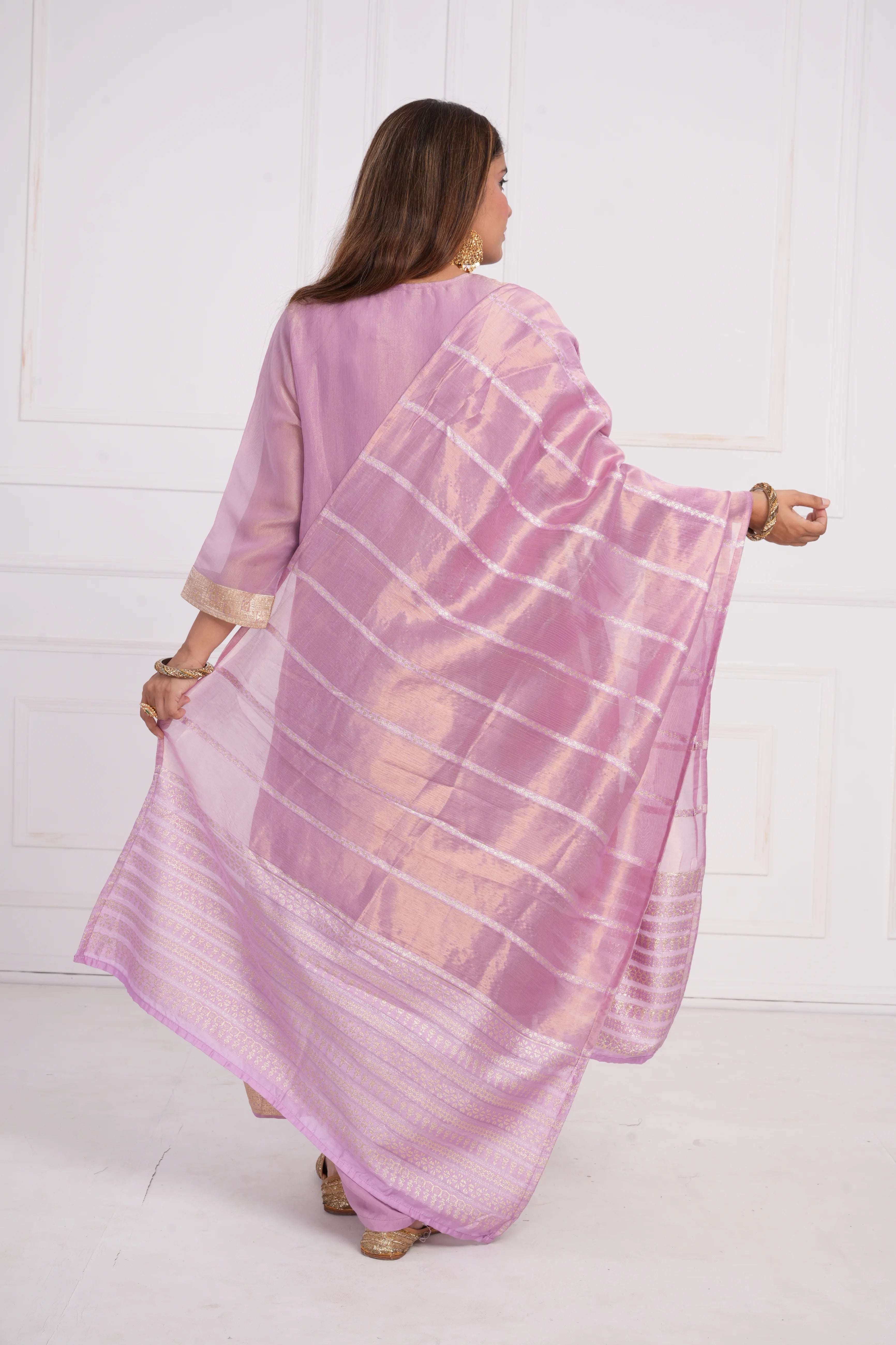 Ethnic motif zari sequinned embroidered silk kurta pant and dupatta