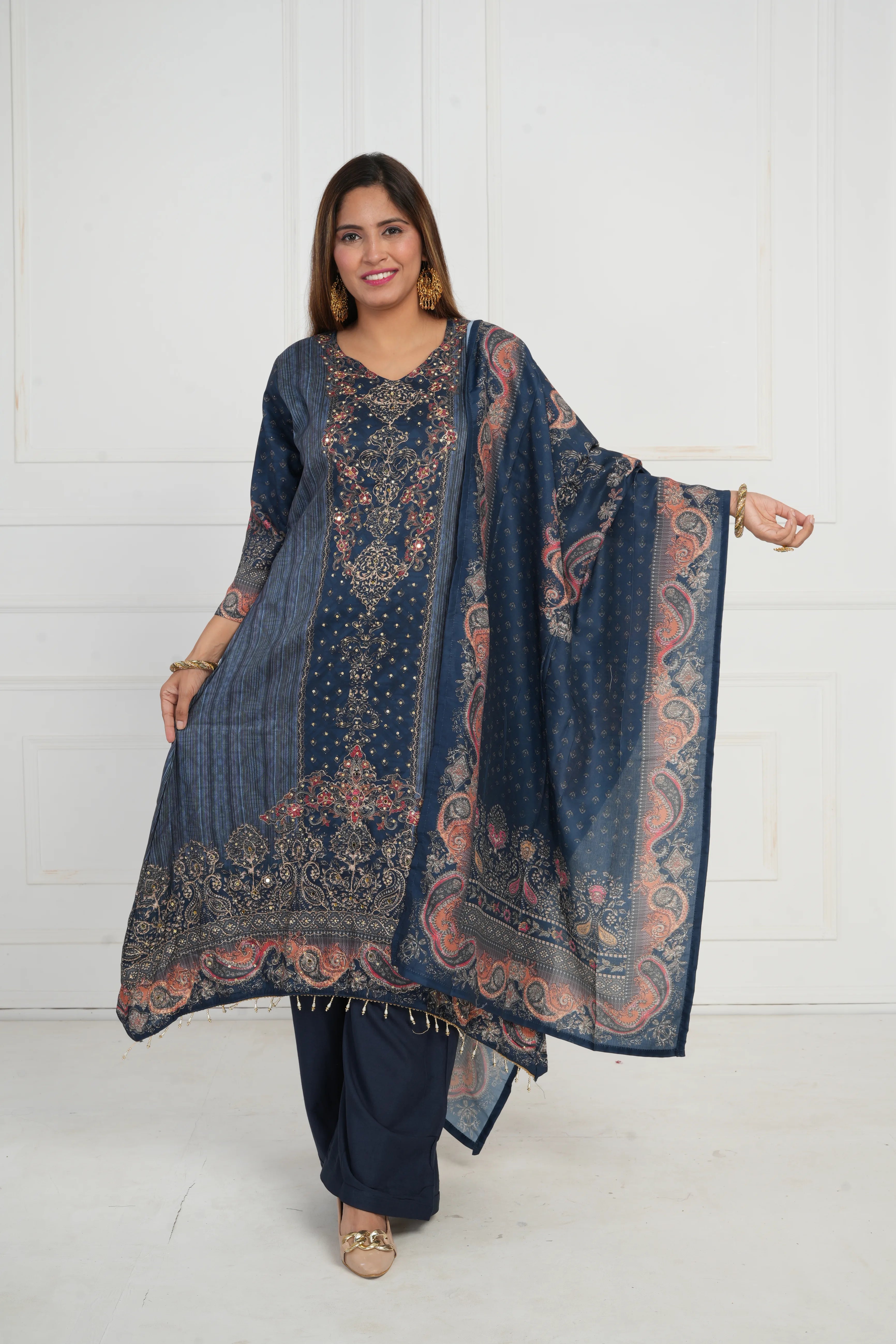 Ethnic motif zari sequinned embroidered silk kurta pant and dupatta