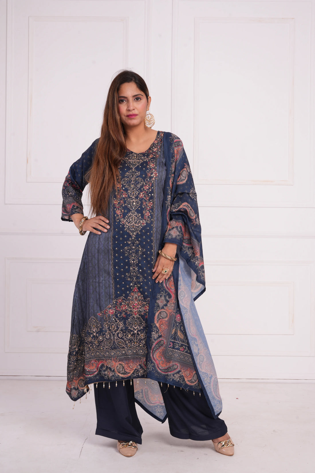 Ethnic motif zari sequinned embroidered silk kurta pant and dupatta