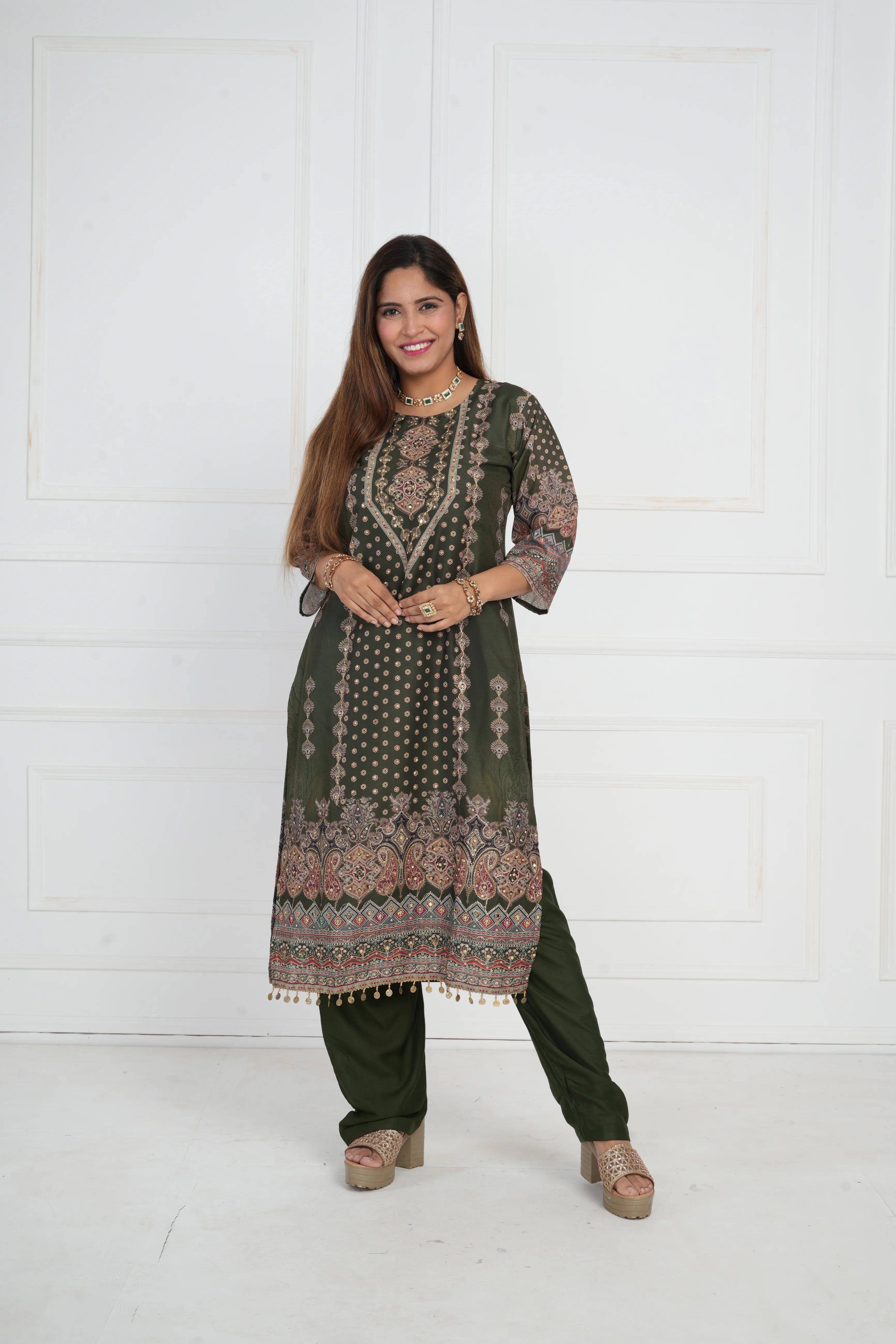 Ethnic motif zari sequinned embroidered silk kurta pant and dupatta