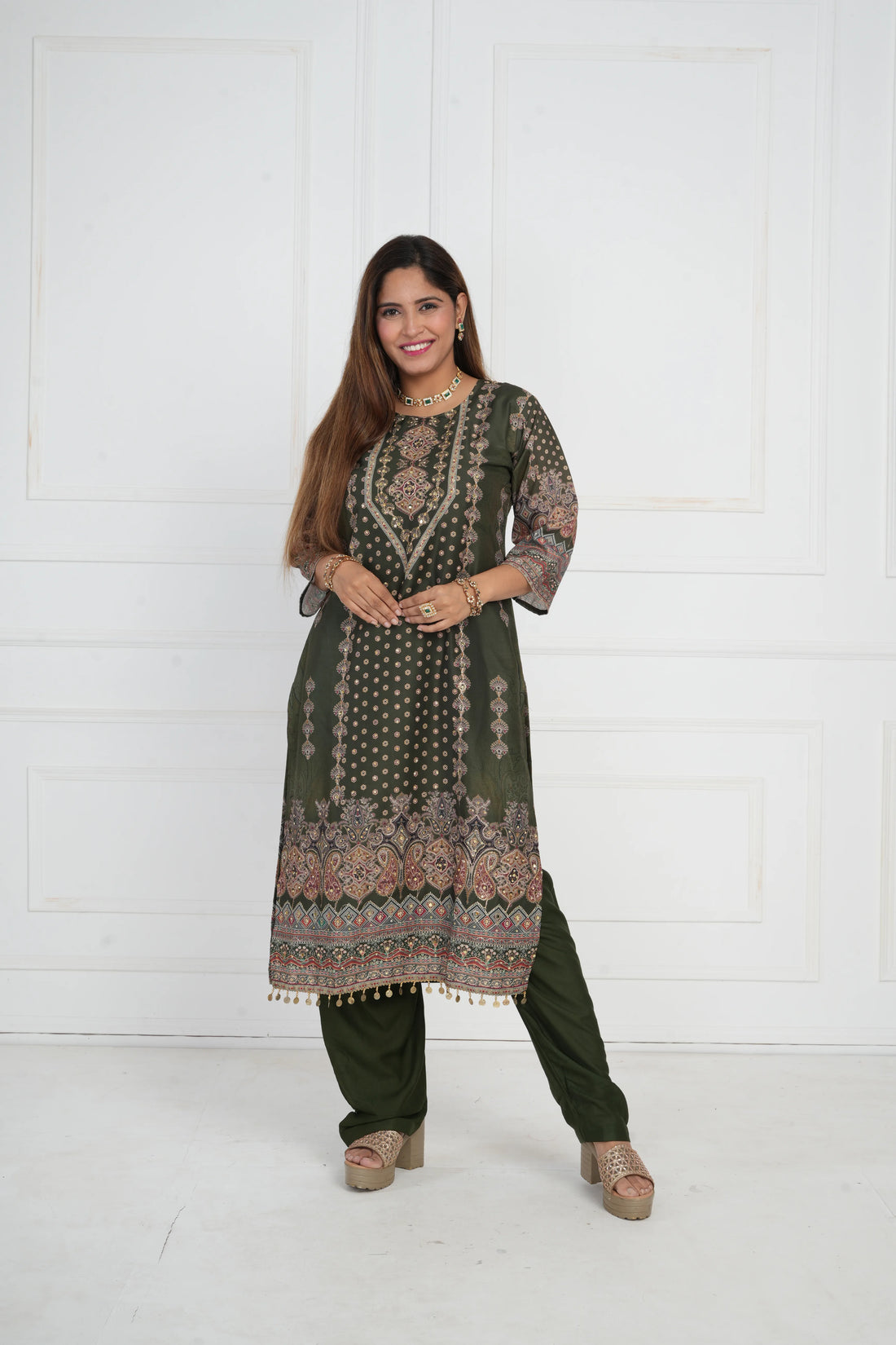 Ethnic motif zari sequinned embroidered silk kurta pant and dupatta