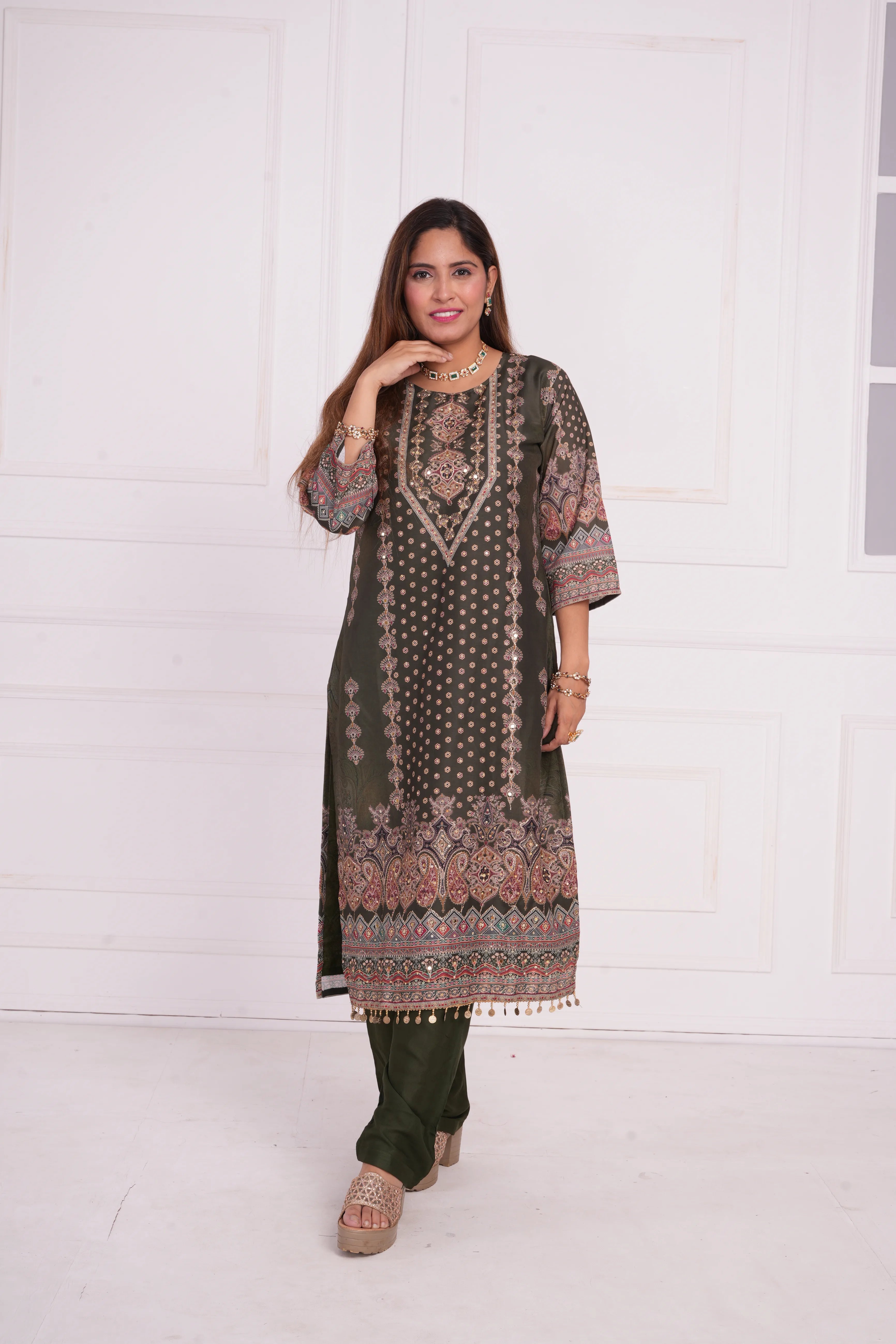 Ethnic motif zari sequinned embroidered silk kurta pant and dupatta