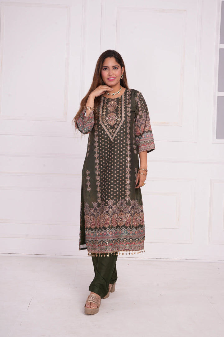Ethnic motif zari sequinned embroidered silk kurta pant and dupatta