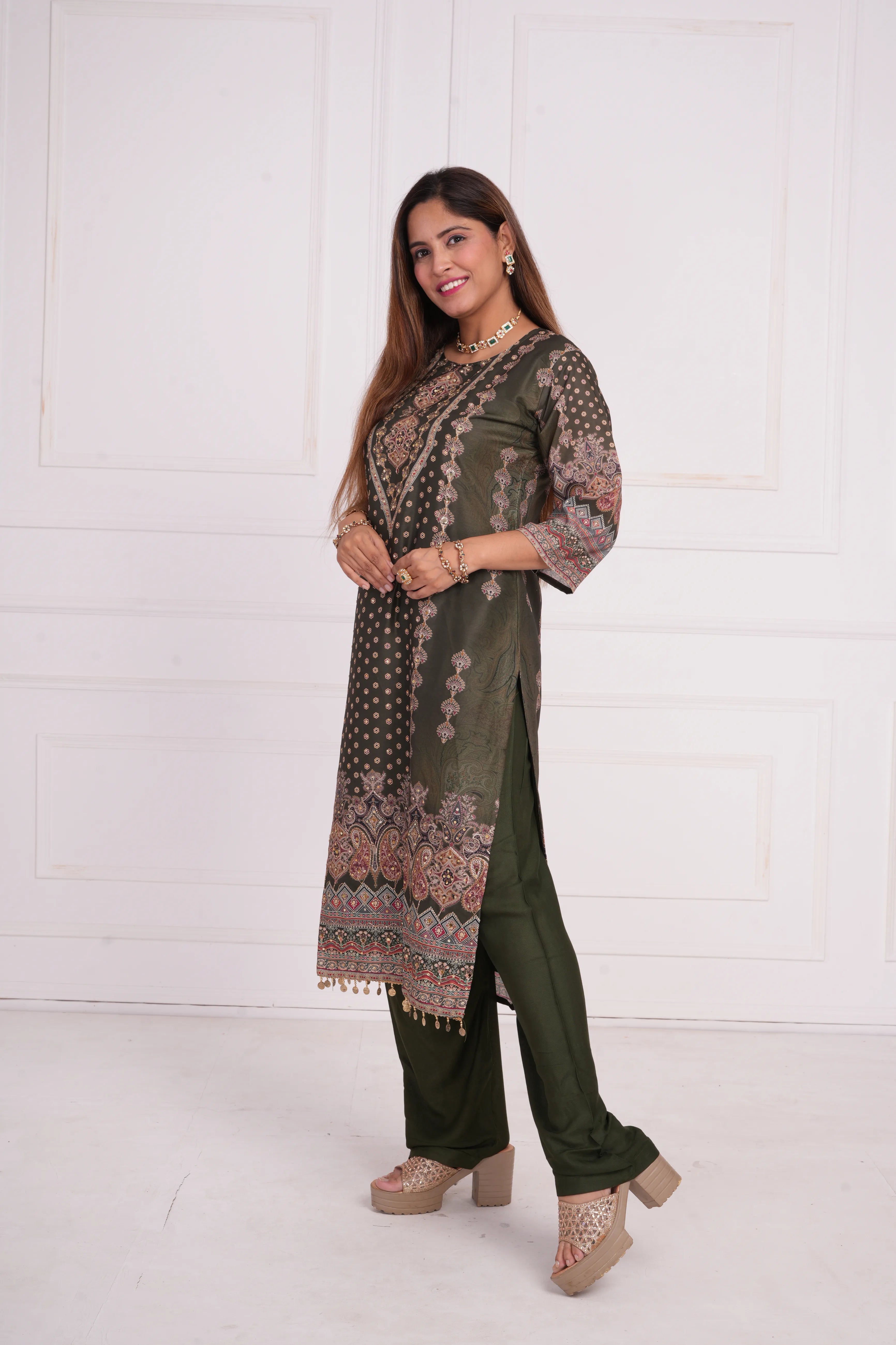 Ethnic motif zari sequinned embroidered silk kurta pant and dupatta