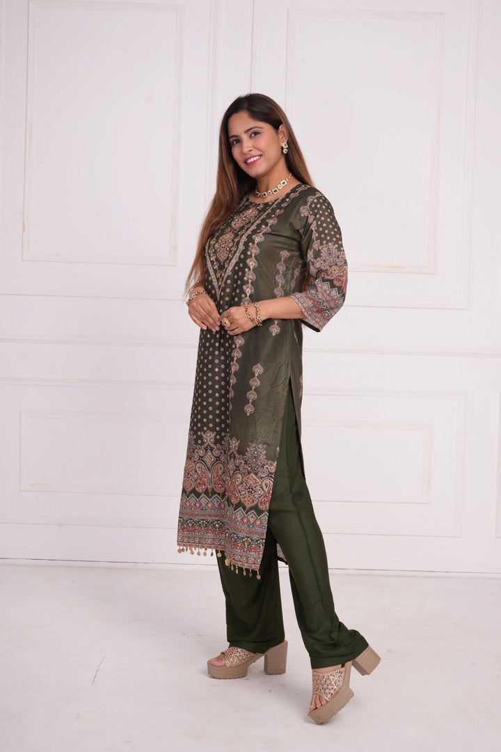 Ethnic motif zari sequinned embroidered silk kurta pant and dupatta