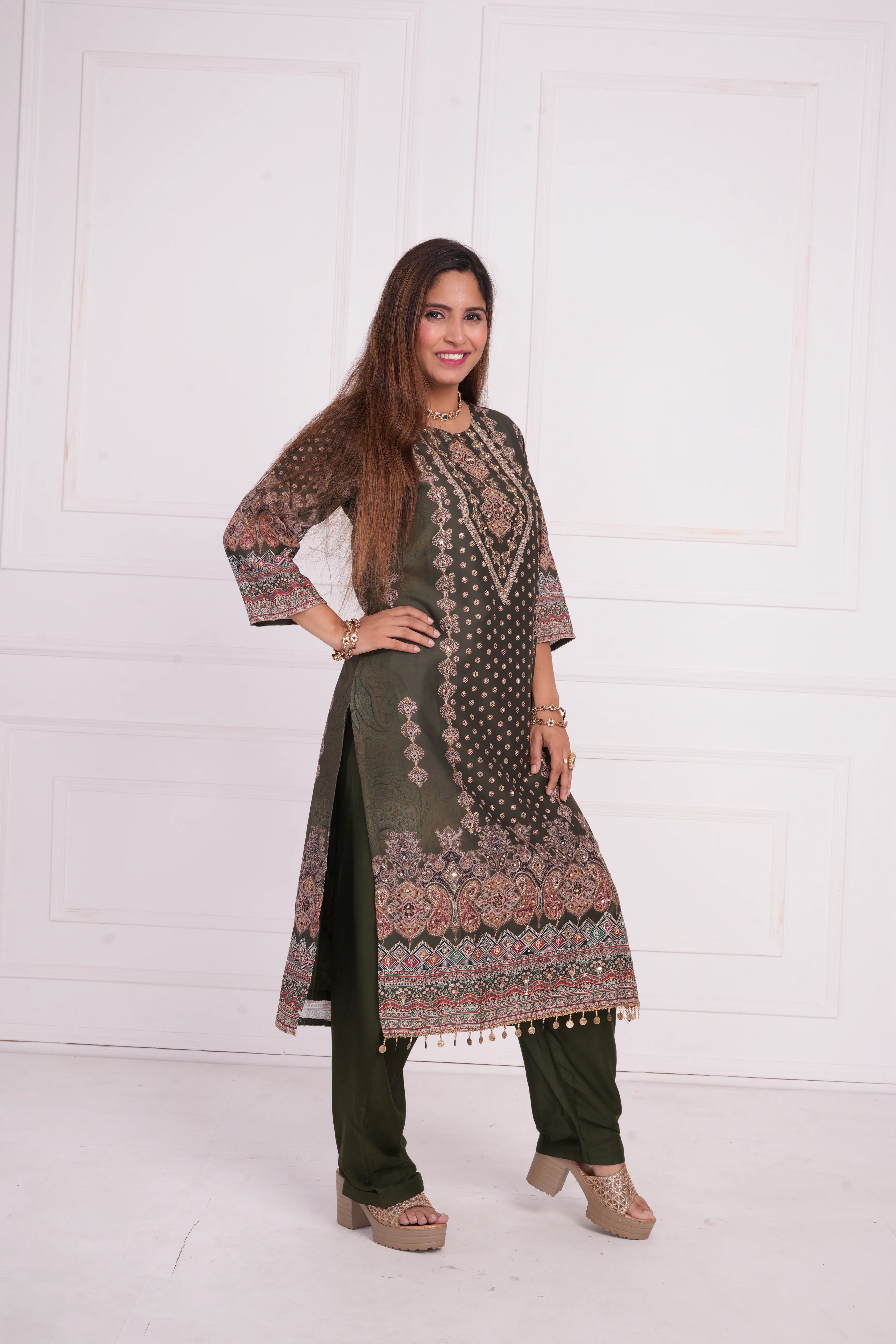 Ethnic motif zari sequinned embroidered silk kurta pant and dupatta