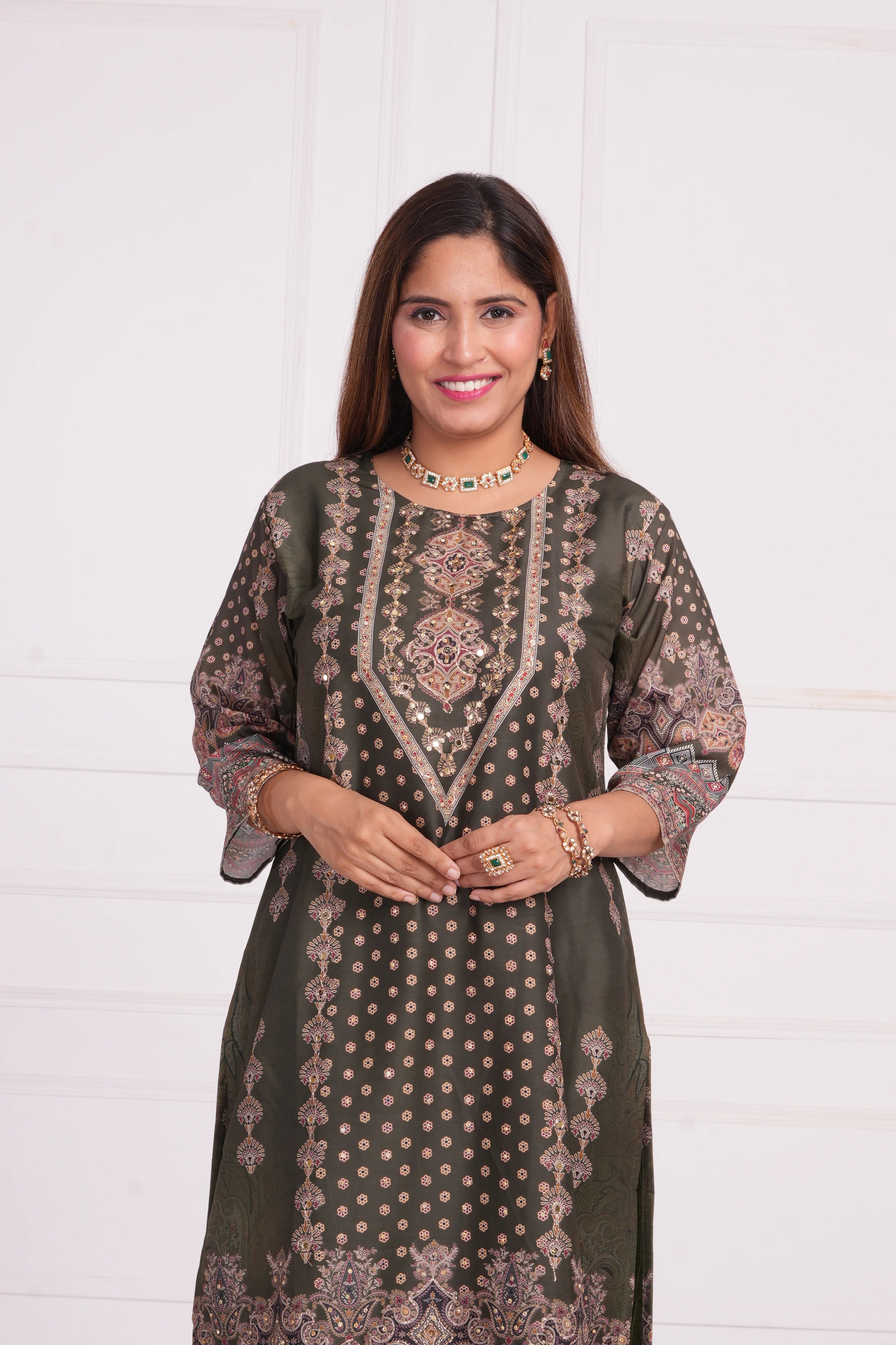 Ethnic motif zari sequinned embroidered silk kurta pant and dupatta