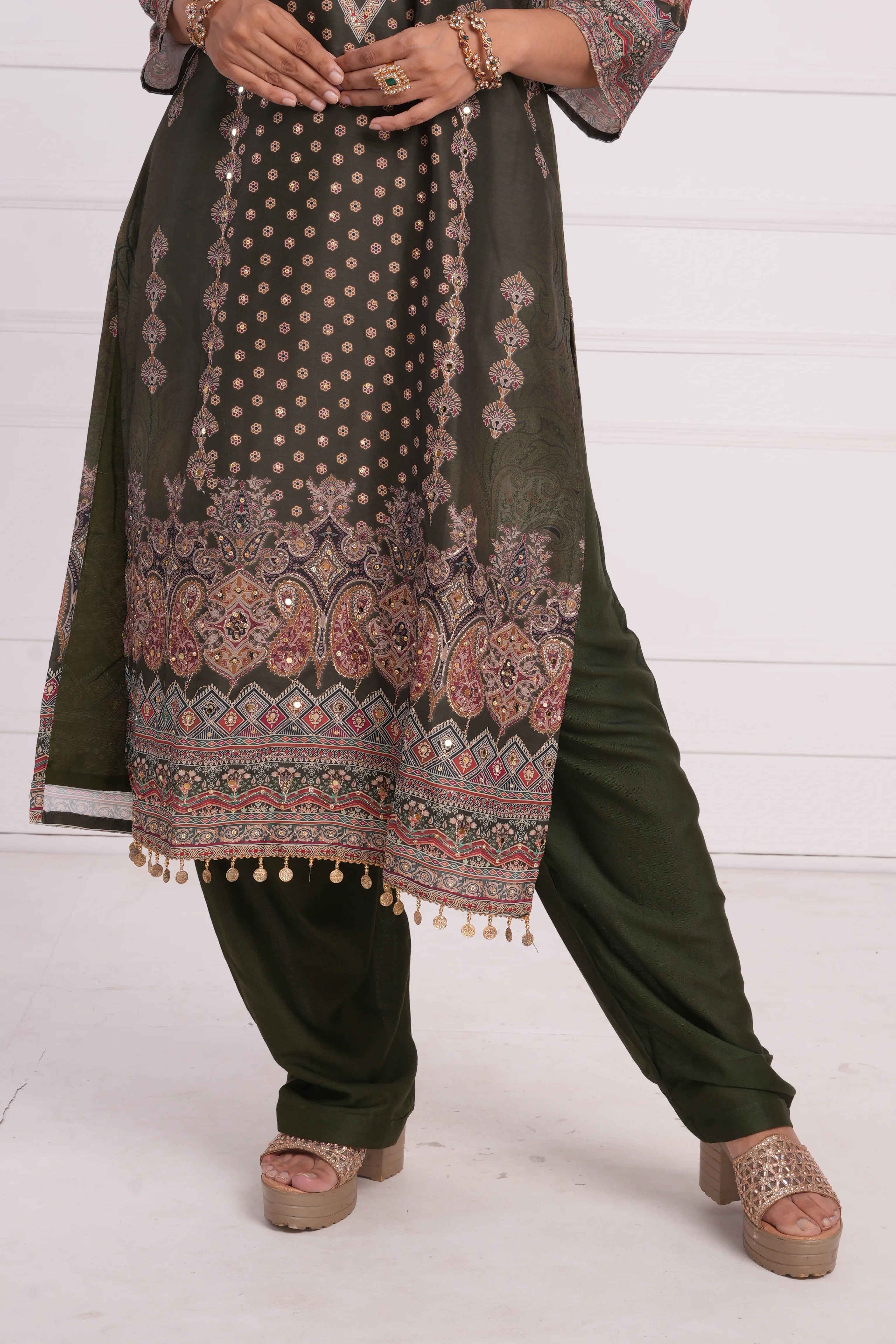 Ethnic motif zari sequinned embroidered silk kurta pant and dupatta