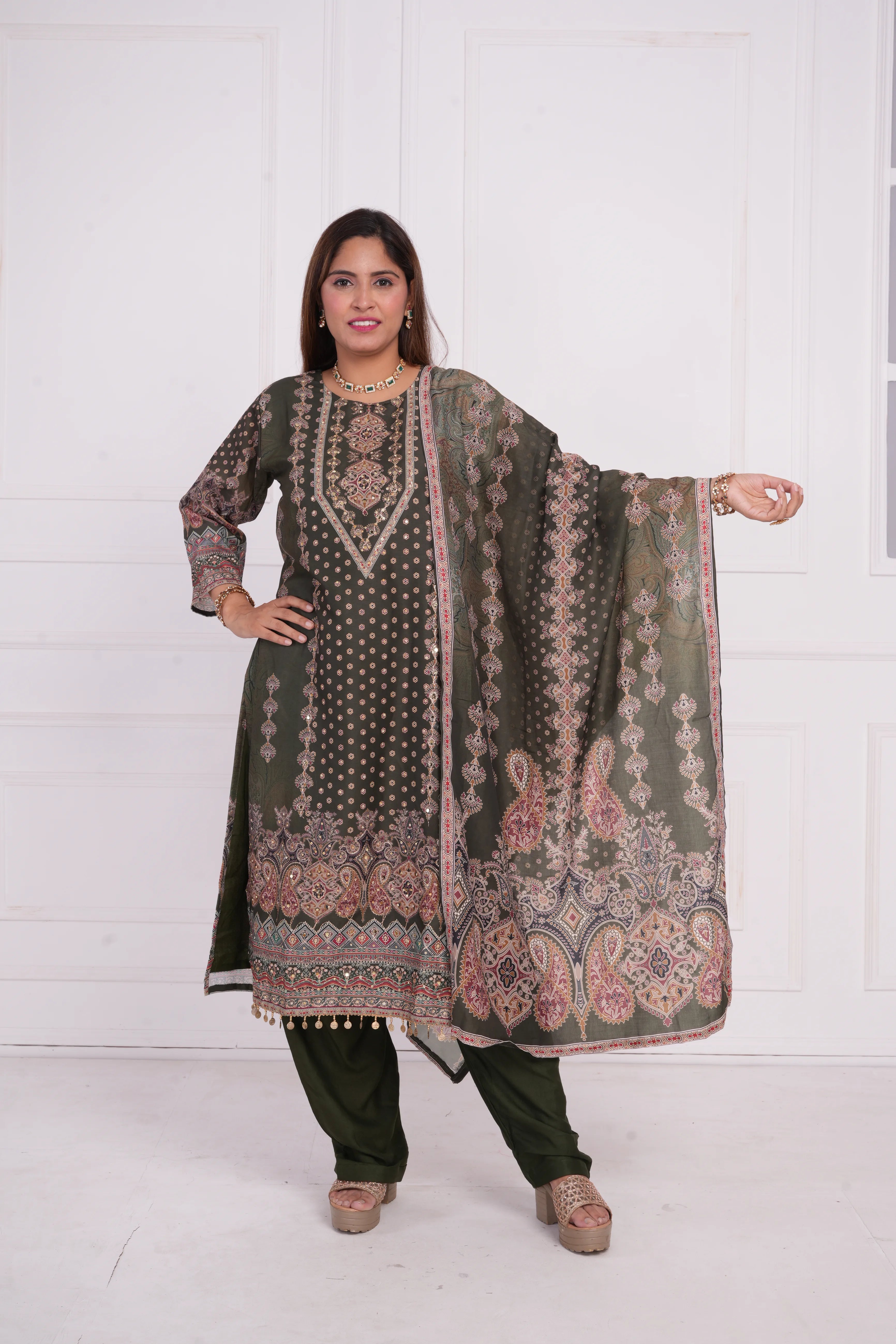 Ethnic motif zari sequinned embroidered silk kurta pant and dupatta