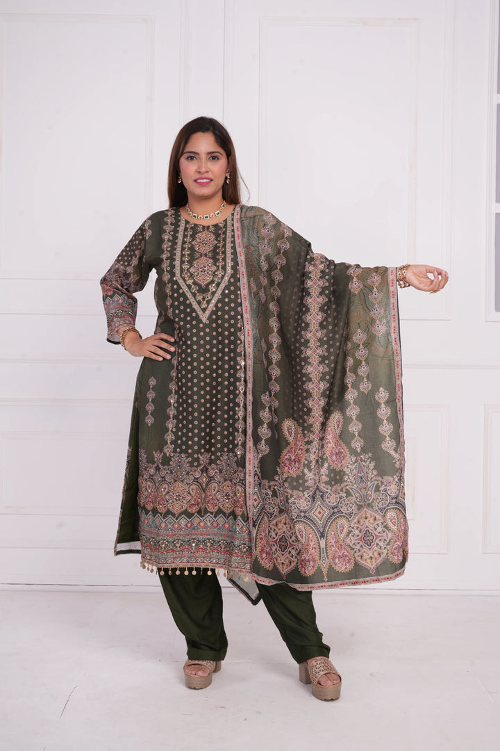 Ethnic motif zari sequinned embroidered silk kurta pant and dupatta
