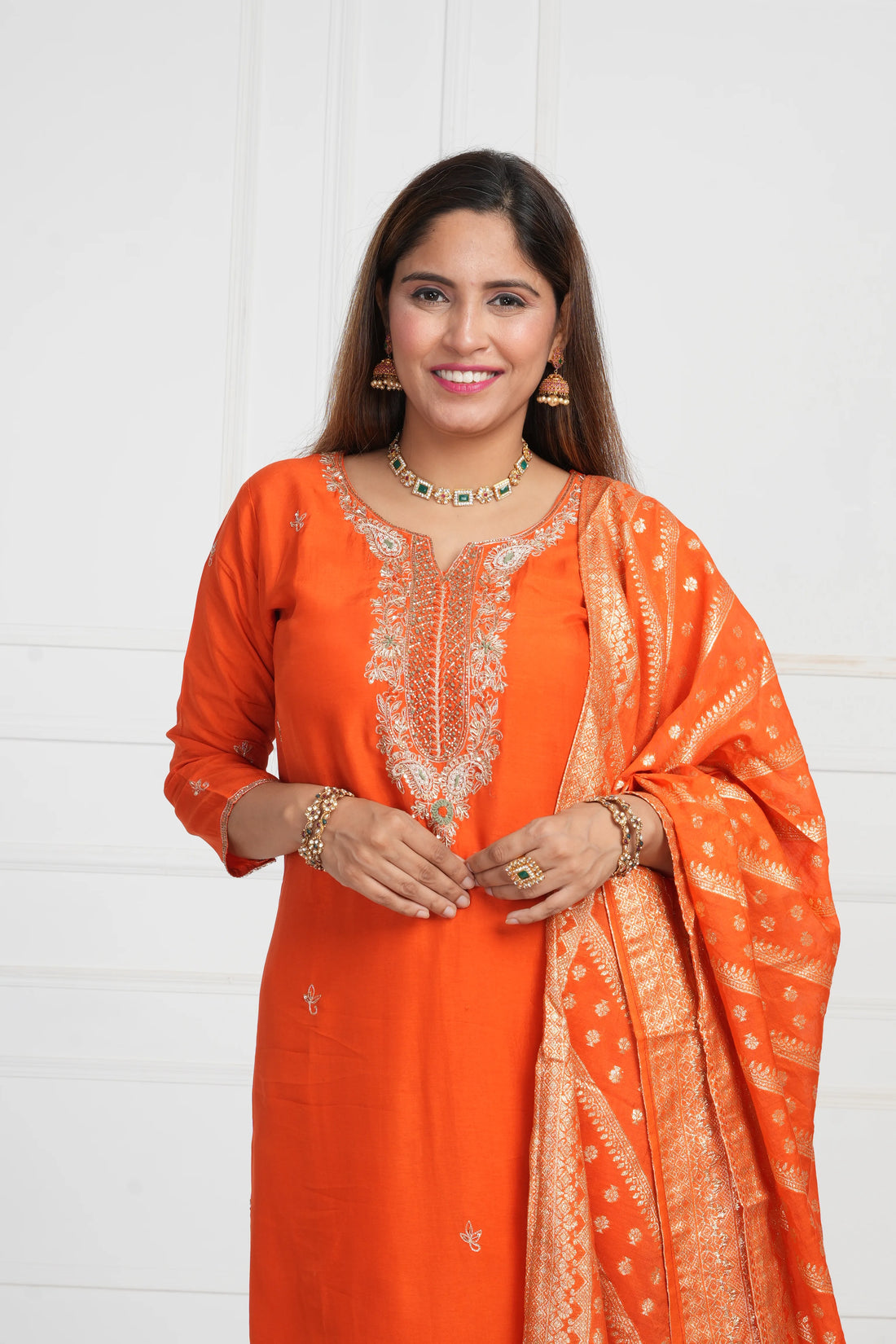 Women Ethnic Motifs and Zari Embroidered Kurta with Trouser & Banarsi Dupatta