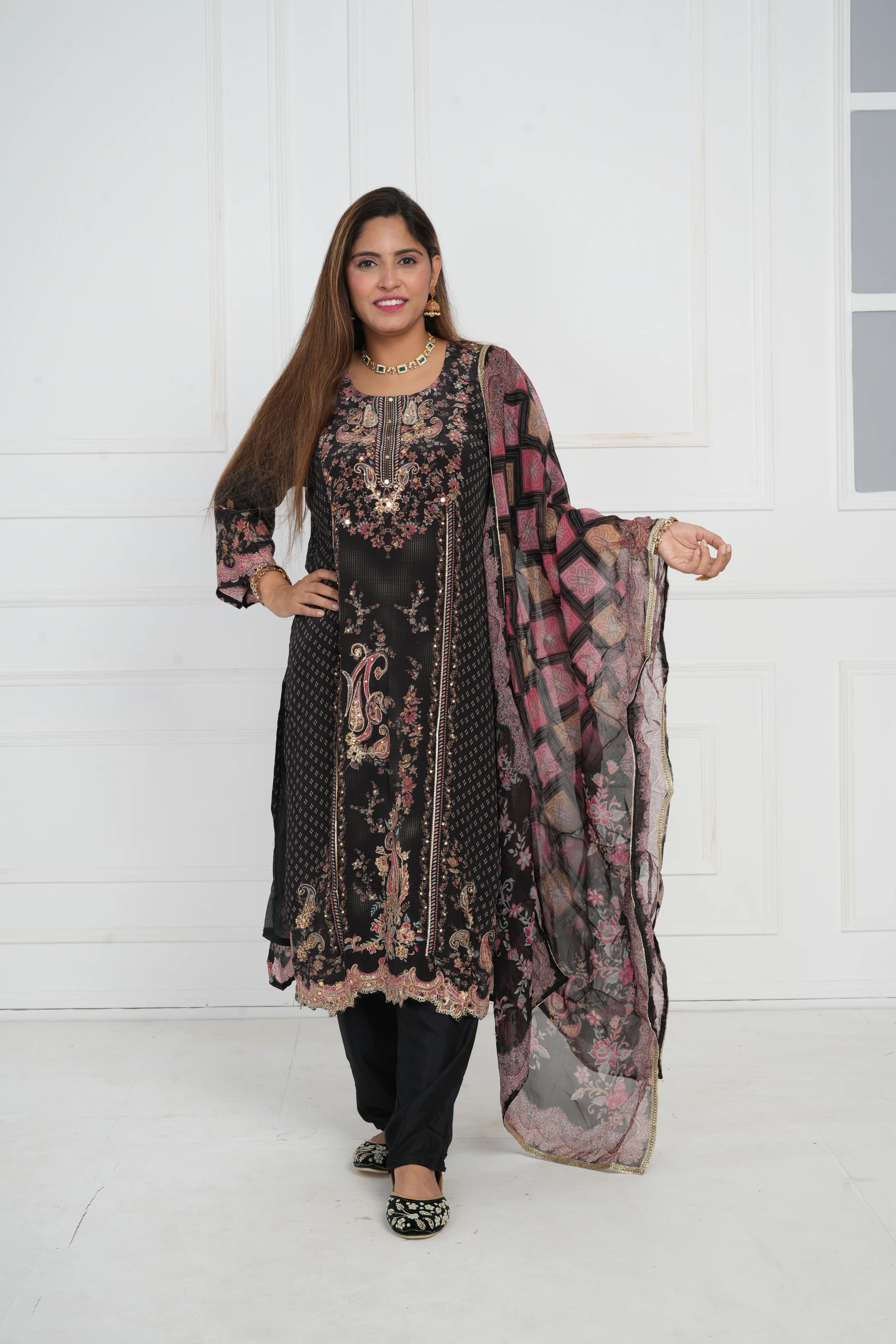 Ethnic motif zari sequinned embroidered silk kurta pant and dupatta