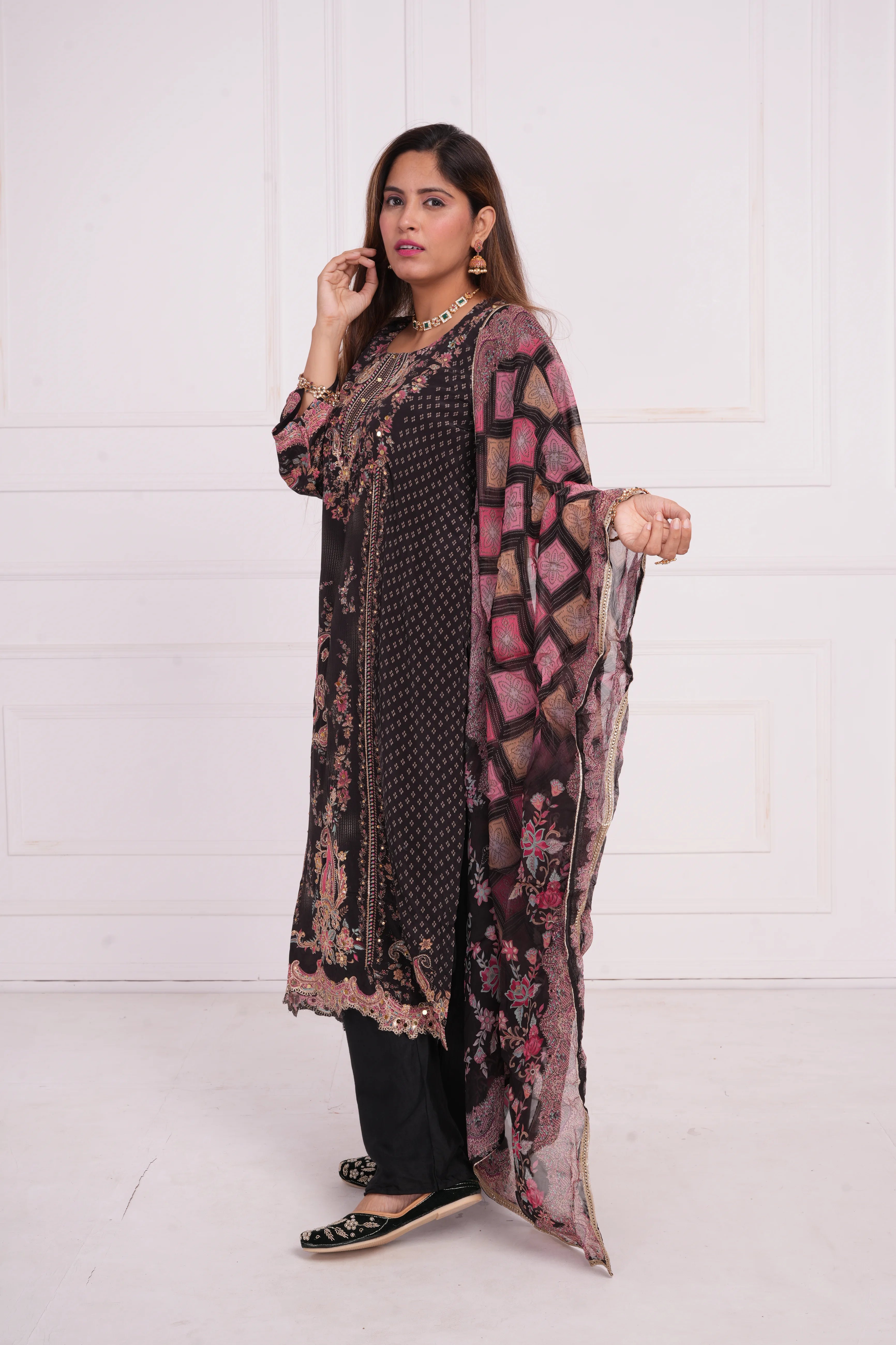 Ethnic motif zari sequinned embroidered silk kurta pant and dupatta