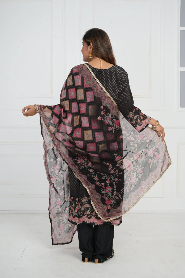 Ethnic motif zari sequinned embroidered silk kurta pant and dupatta