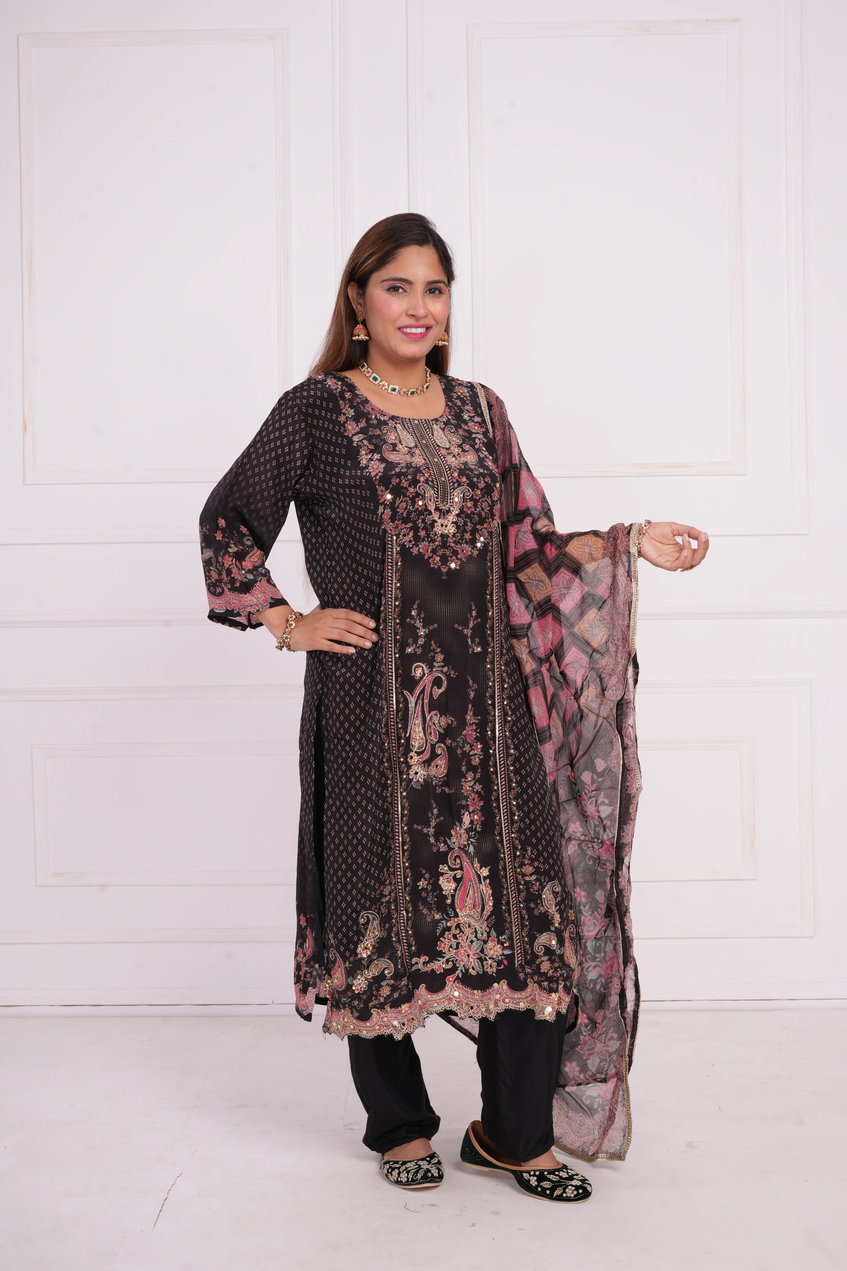 Ethnic motif zari sequinned embroidered silk kurta pant and dupatta