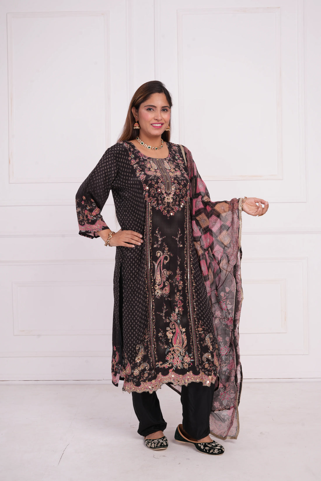 Ethnic motif zari sequinned embroidered silk kurta pant and dupatta