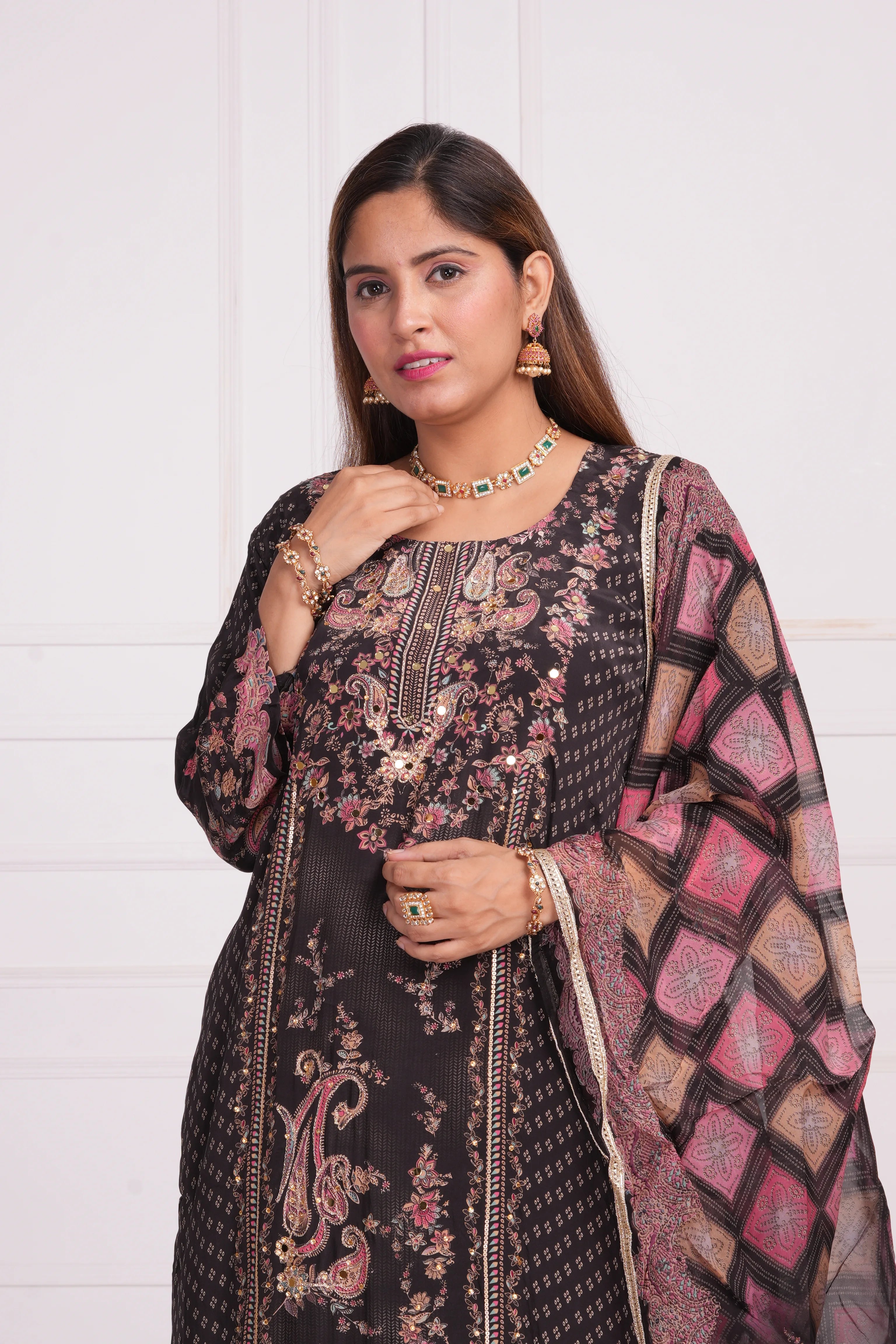 Ethnic motif zari sequinned embroidered silk kurta pant and dupatta