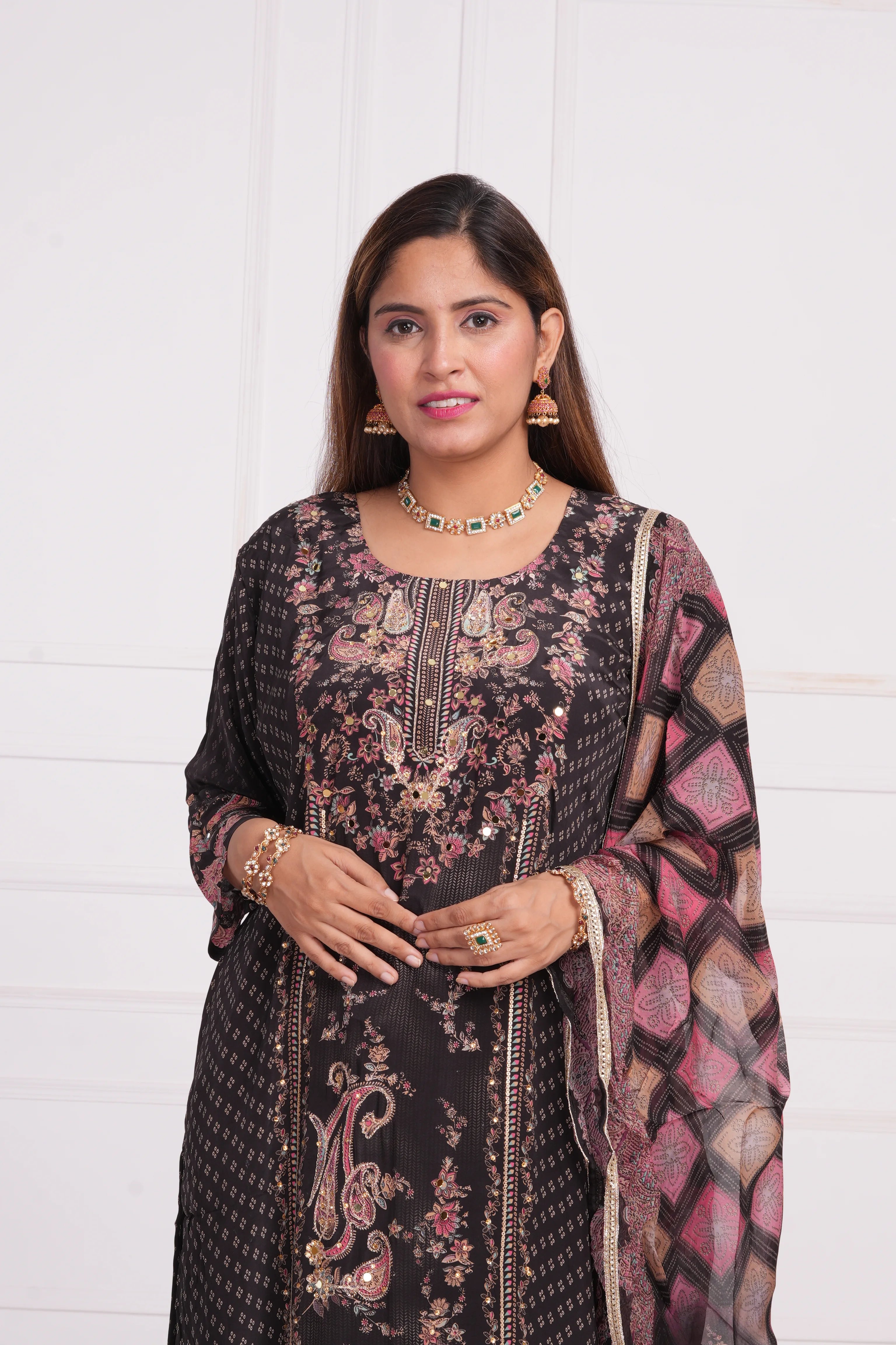 Ethnic motif zari sequinned embroidered silk kurta pant and dupatta