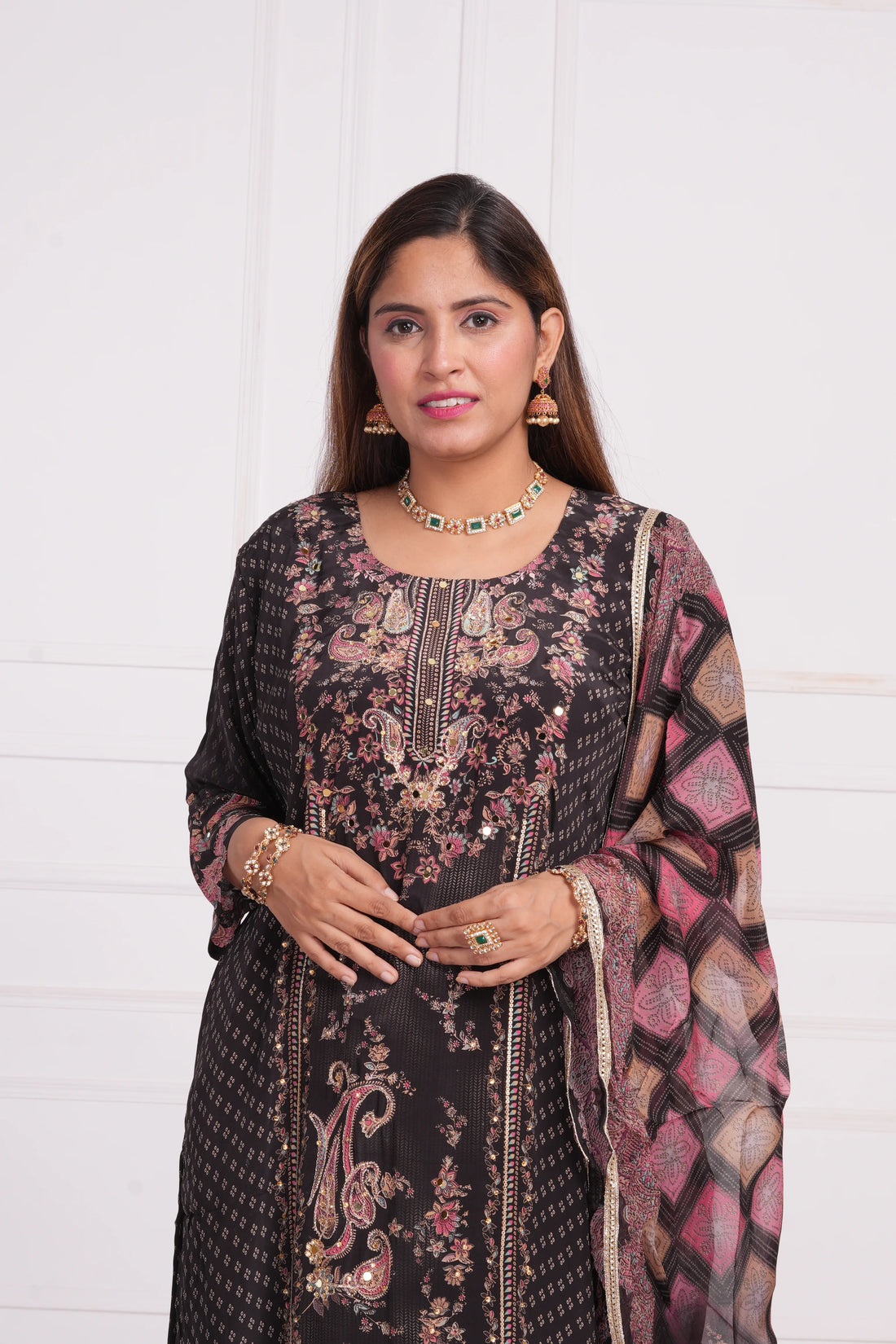 Ethnic motif zari sequinned embroidered silk kurta pant and dupatta